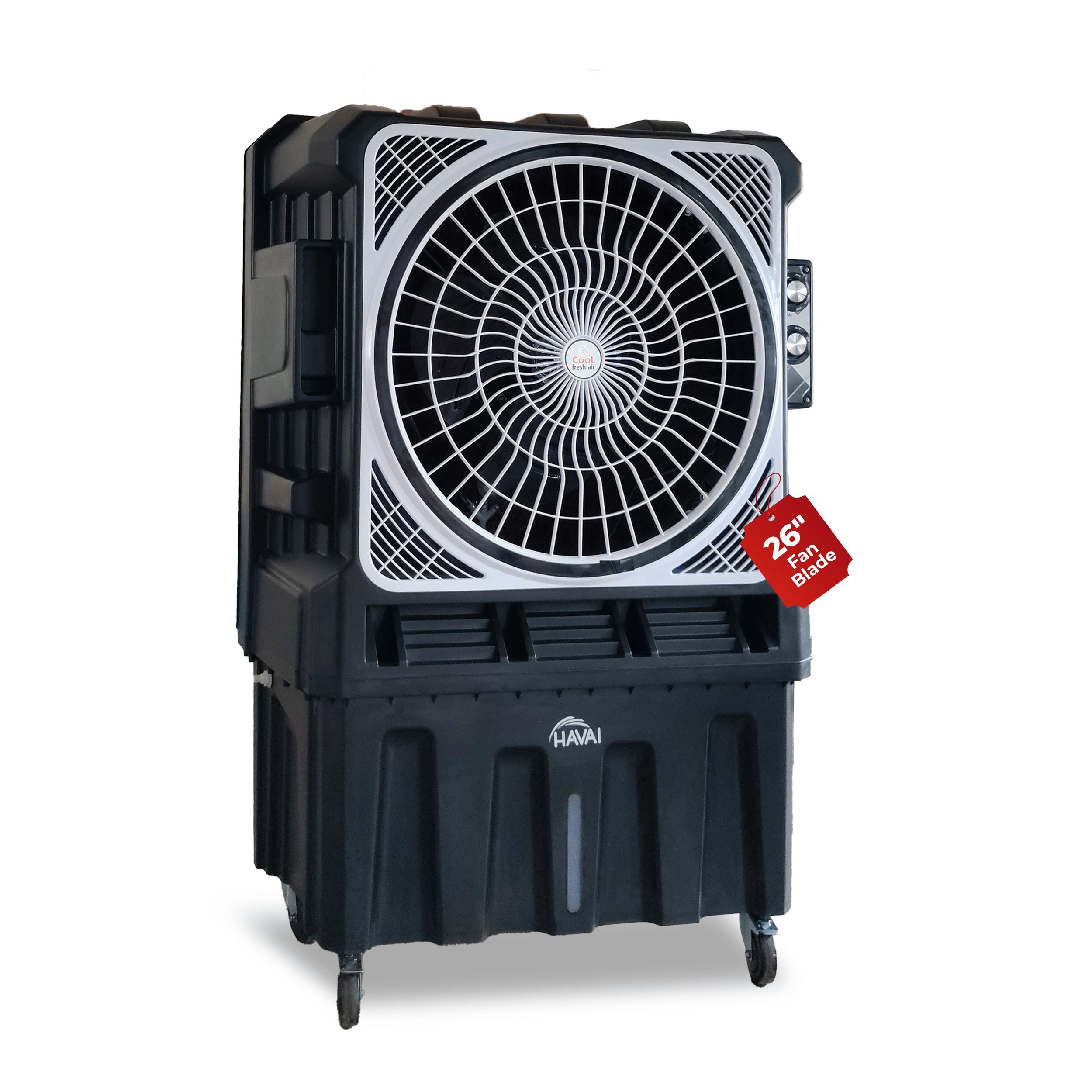 HAVAI Cyclone 26 Desert Air Cooler | 26" Fan Blade | 200L Tank Capacity | 440W High-Performance Cooling | 750 Sq. Ft. Coverage | Auto Swing | Three Side Honeycomb Pads | Lockable Wheels | Black