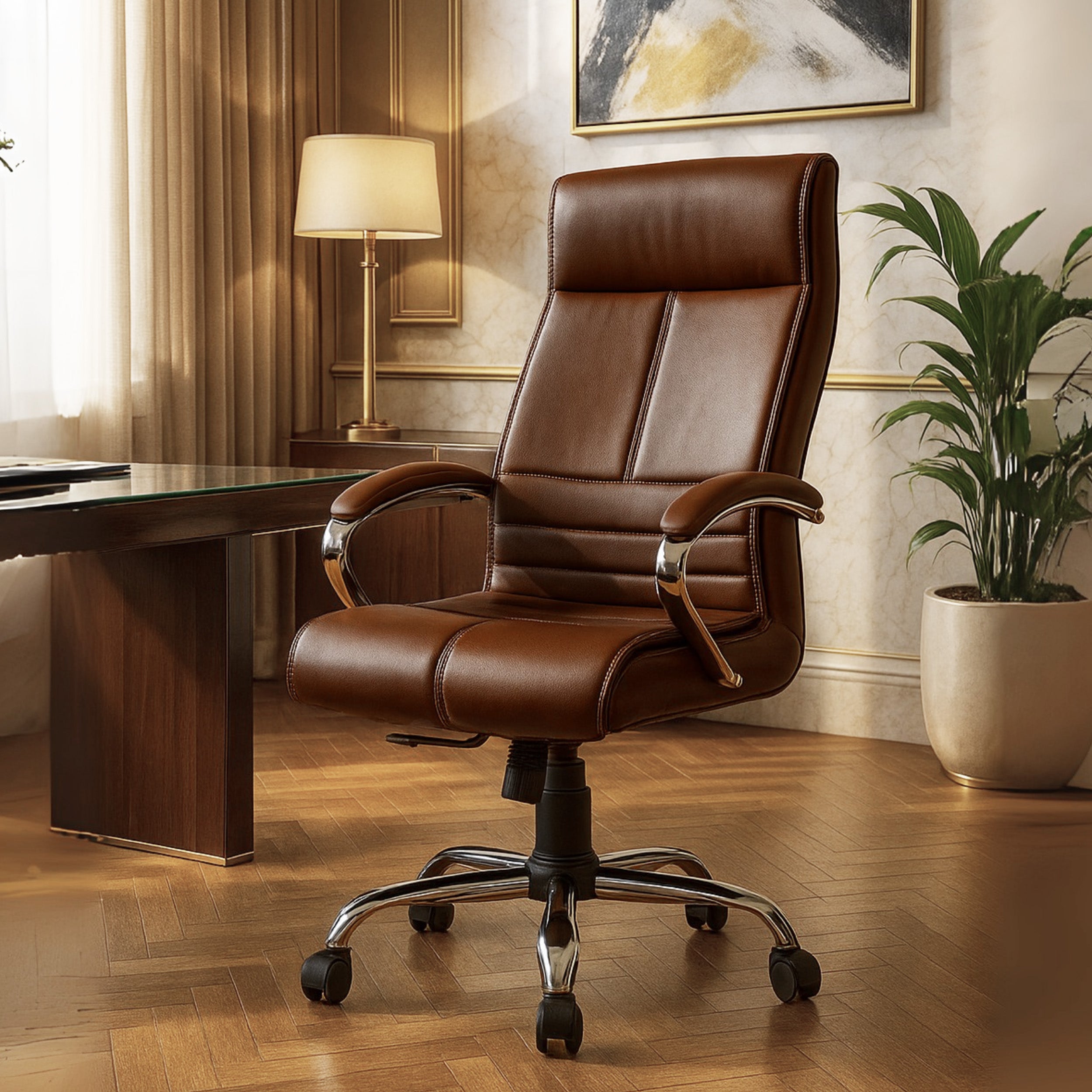 HAVAI Nova High Back Office Chair | Premium Leather | Ergonomic Executive Chair with Single Lock Tilt Mechanism | Chrome Steel Base & Arms | Class 4 Gaslift | 50mm Casters | High-Density Cushioned Seat & Back (Brown)