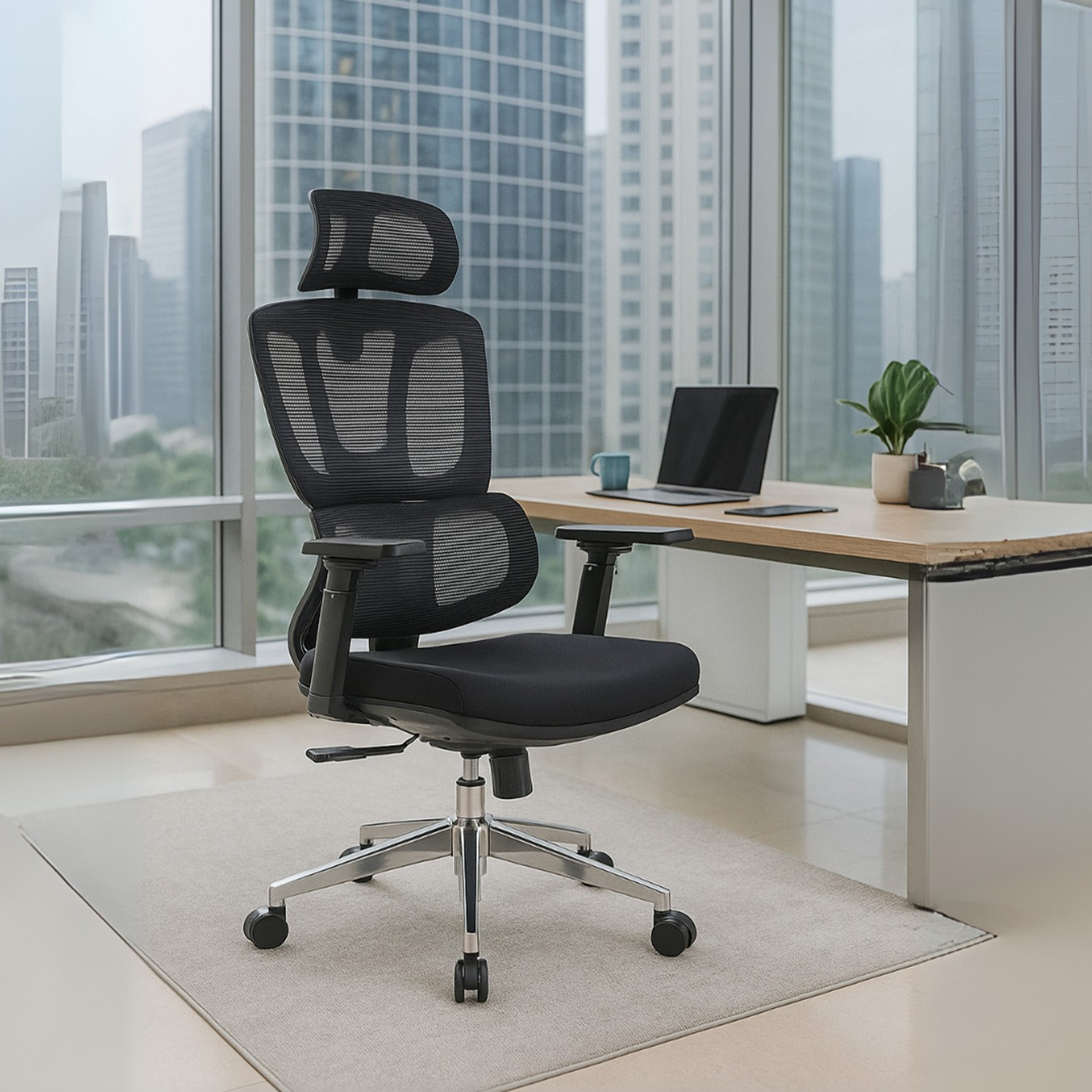 HAVAI Neo High Back Ergonomic Mesh Office Chair | Multi-Lock Mechanism | Chrome Base | 3D Armrests with PU Pads | Adjustable Headrest | Breathable Mesh Back (Black