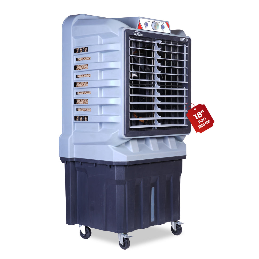 HAVAI Jumbo 18+ Massey Desert Cooler | 150L | 18-Inch Fan | Heavy-Duty 41mm Motor | 3-Side Honeycomb Pads | Auto Swing | Castor Wheels | 230V, 110W | White & Grey