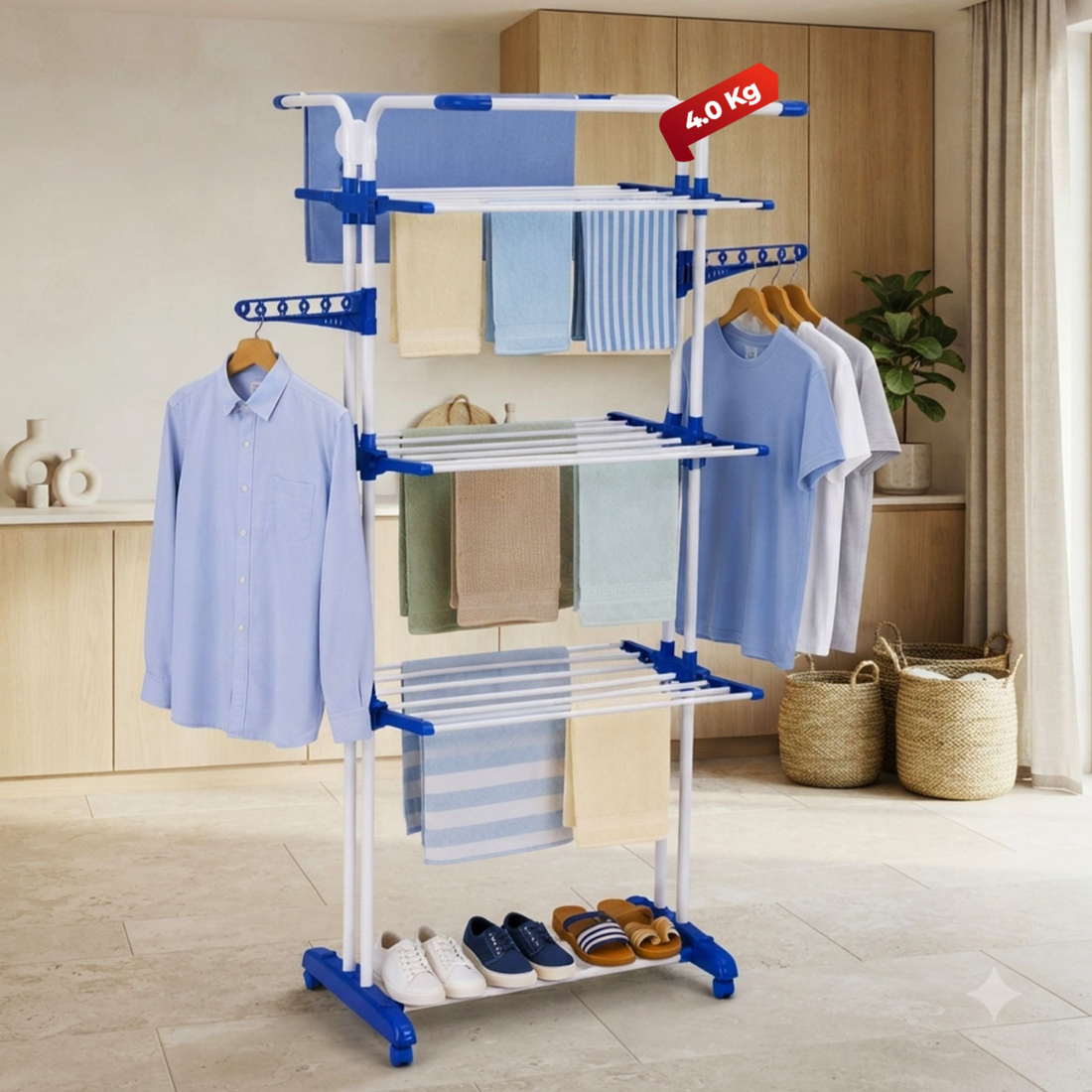 HAVAI Premium 4 Tier Stainless Steel Foldable Clothes Drying Stand with 6 Wheels | Heavy Duty Laundry Drying Rack for Indoor & Outdoor Use | Rust Resistant | Space Saving Design