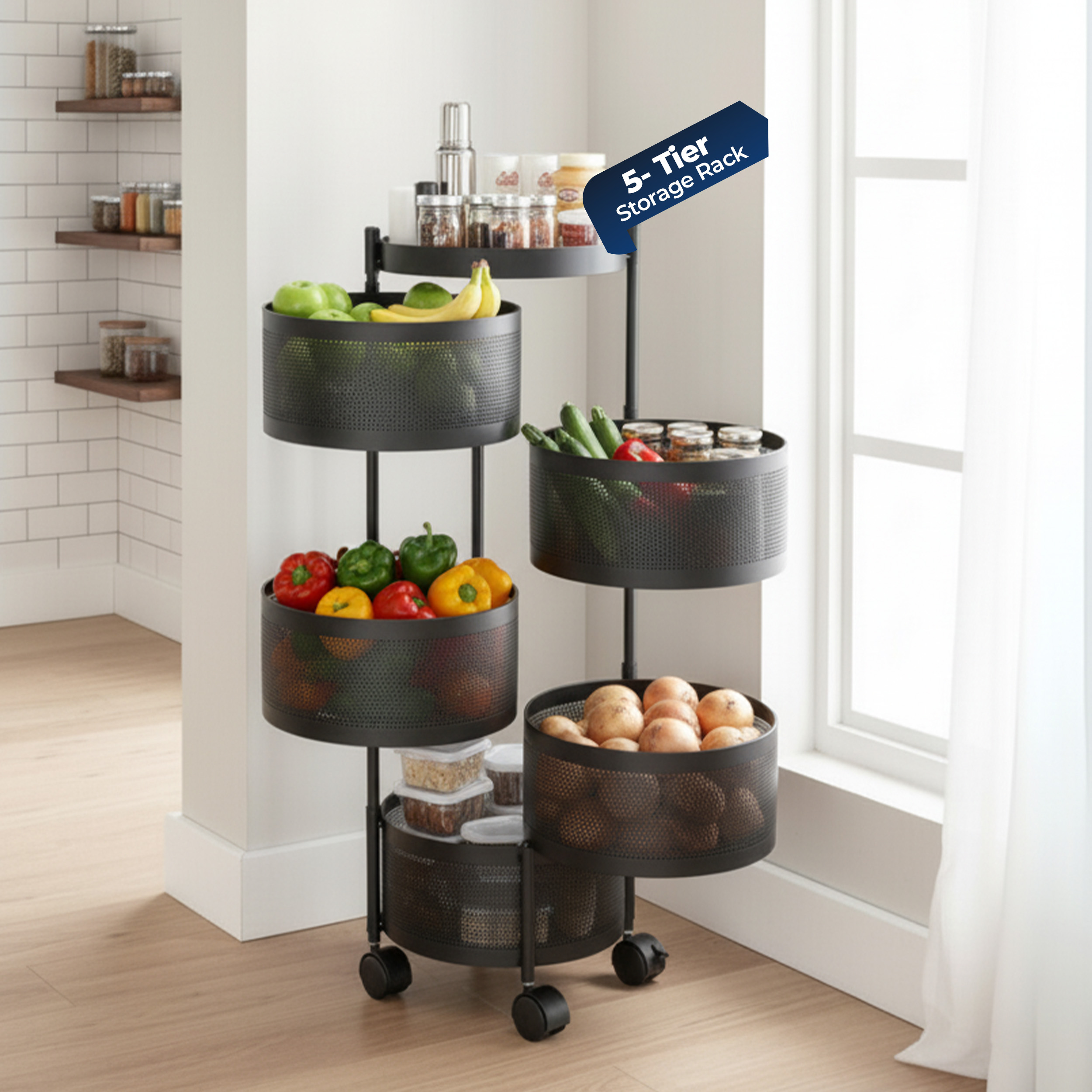 Havai 5 Tier Rolling Kitchen Storage Rack | Sturdy Metal Frame| Space-Saving Utility Shelf – Black