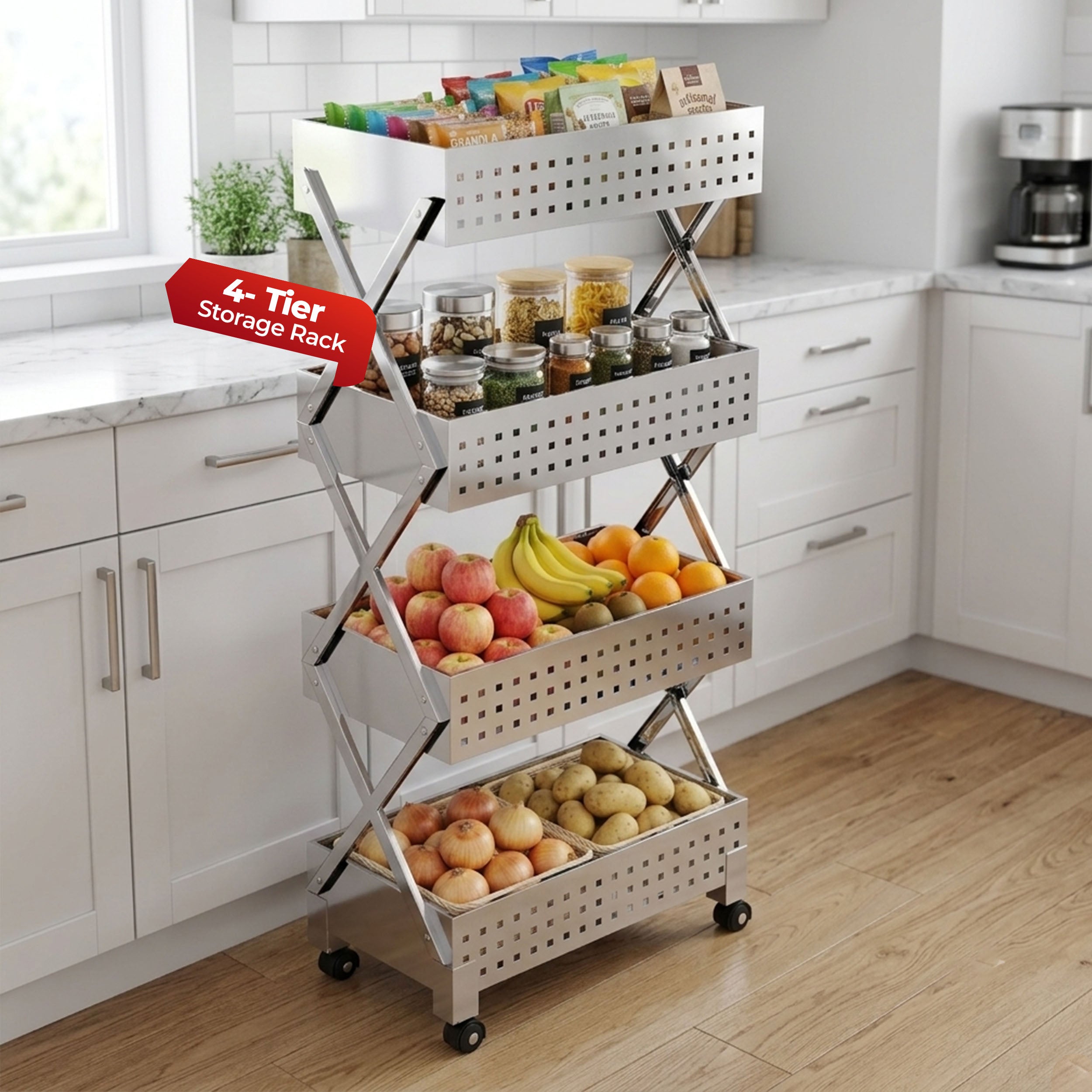 HAVAI Stainless Steel Multipurpose Storage Trolley with Wheels (Chrome, 4)