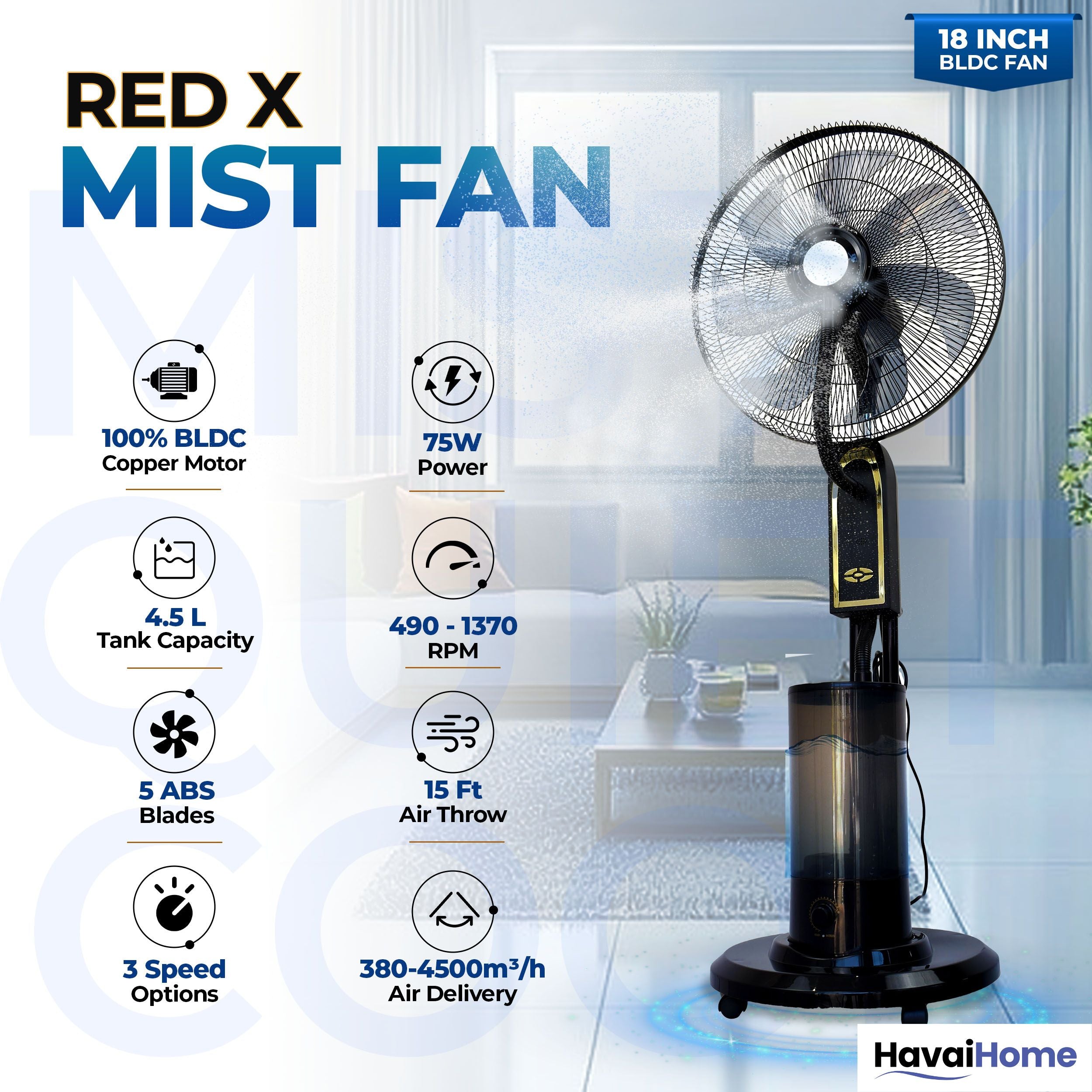 RED X 18" BLDC Mist Pedestal Fan – High-Speed, Remote & Touch Control, 4.5L Tank, 75W Power, 350 Sq Ft Coverage, Easy Install, Black
