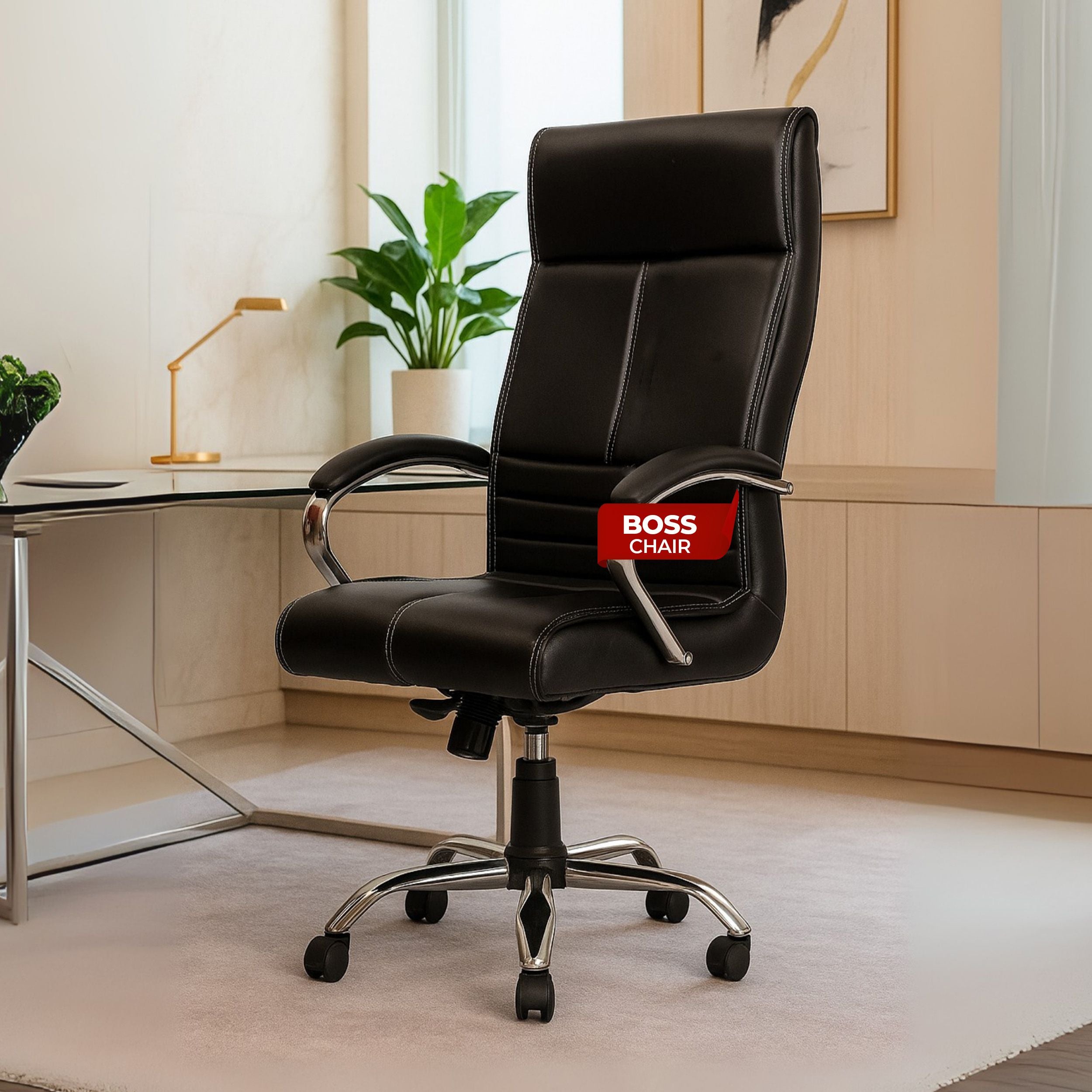 Nova High Back Office Chair | Premium Leather | Ergonomic Executive Chair with Single Lock Tilt Mechanism | Chrome Steel Base & Arms | Class 4 Gaslift | 50mm Casters | High-Density Cushioned Seat & Back (Black)