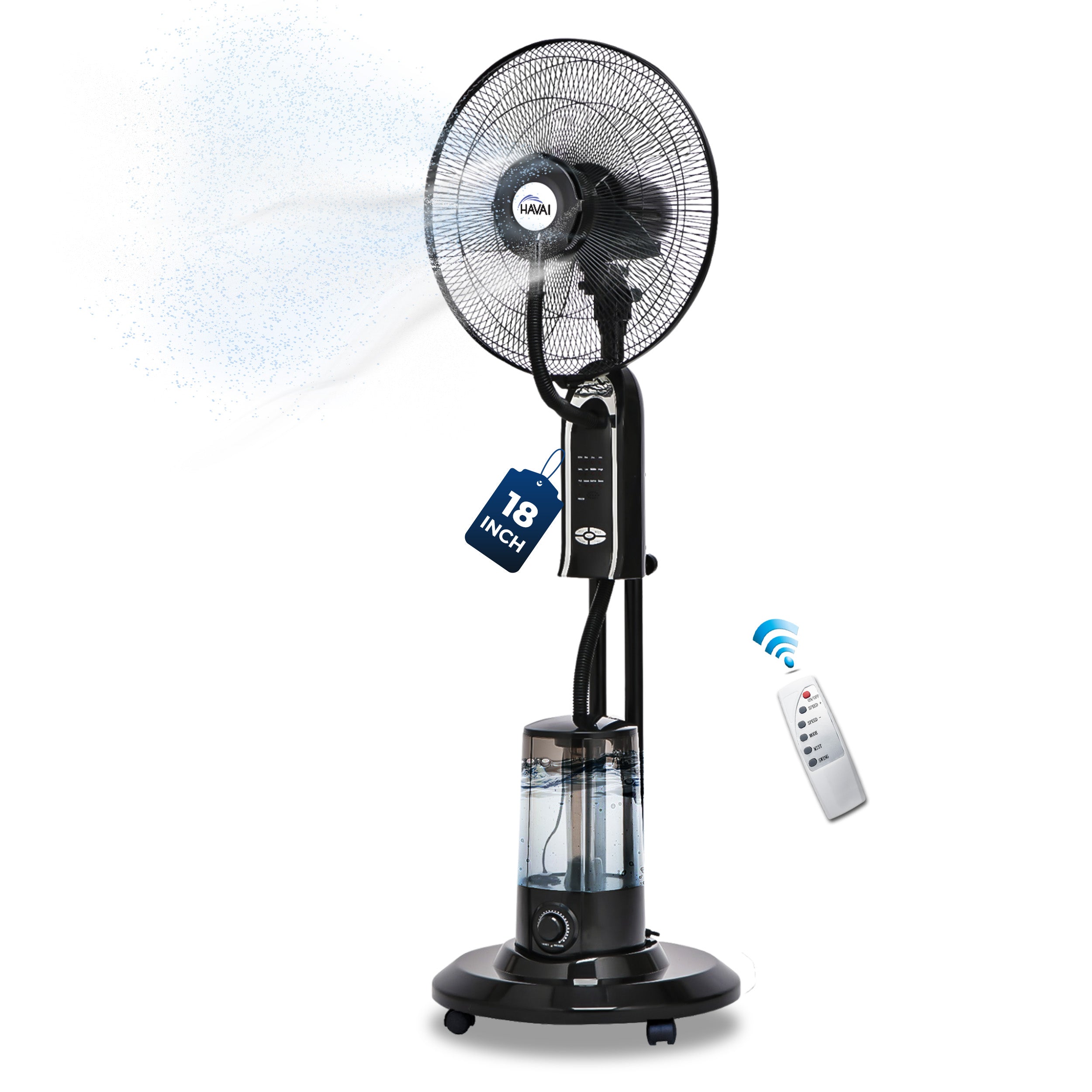 HAVAI RED 18" BLDC Mist Pedestal Fan – High-Speed, Remote & Touch Control, 3.2L Tank, 80W Power, 350 Sq Ft Coverage, Easy Install, Black (Copy)