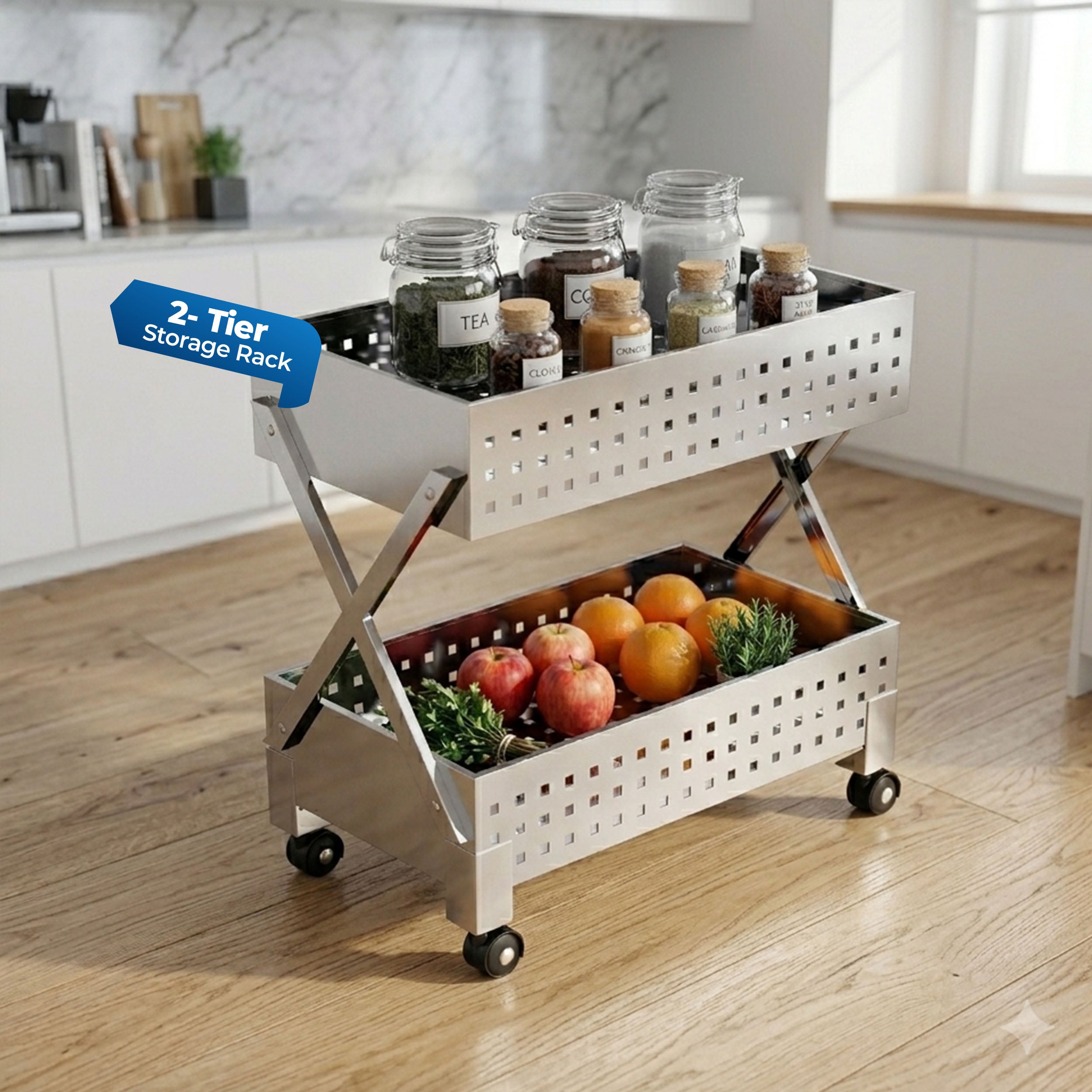 HAVAI Stainless Steel Multipurpose Storage Trolley with Wheels (Chrome, 2)