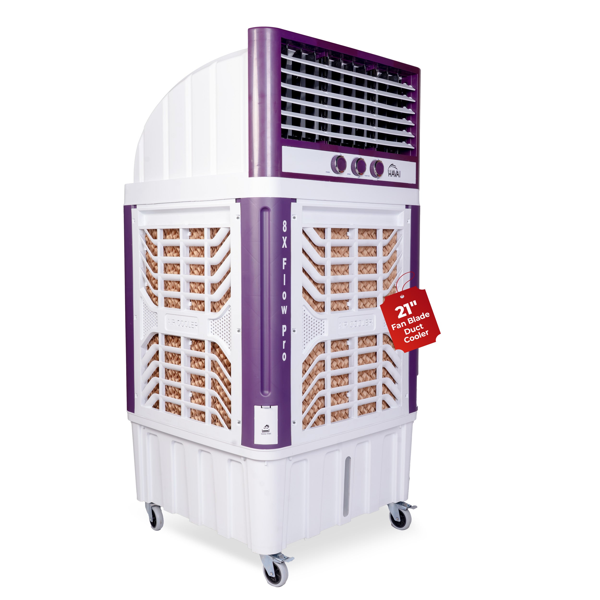 HAVAI 8X Flo Pro Plastic Body Duct Air Cooler | 100L Tank | 21” 4-Leaf Fan | 8500 m³/hr Airflow | 30 ft Air Throw | Double Ball Bearing Motor | 4-Side Honeycomb Cooling