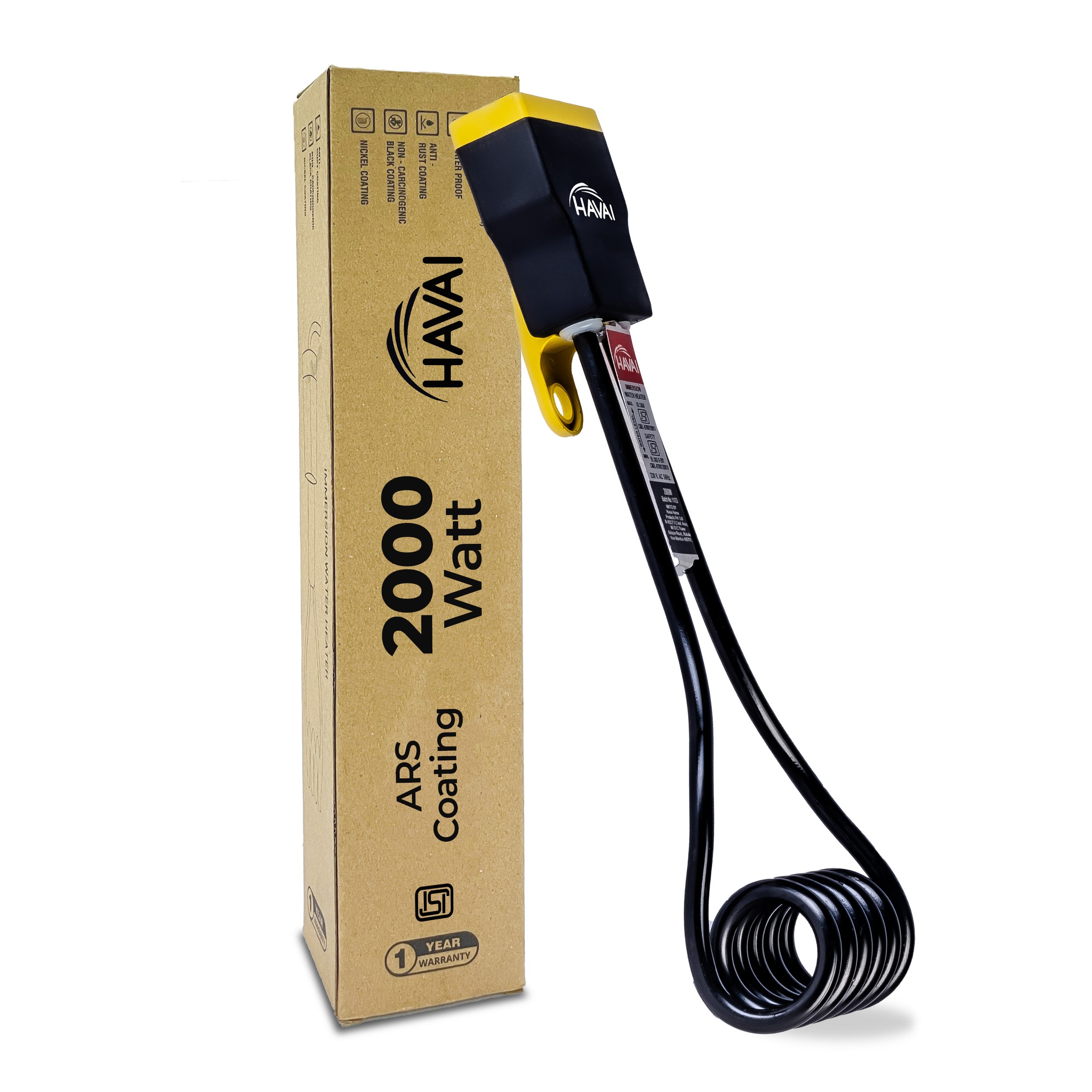 Havai Immersion Rod with ARS Coating Salt Water Protection Waterproof Rust Resistant ISI Certified Pin Powerchord Model Flat Yellow Handle