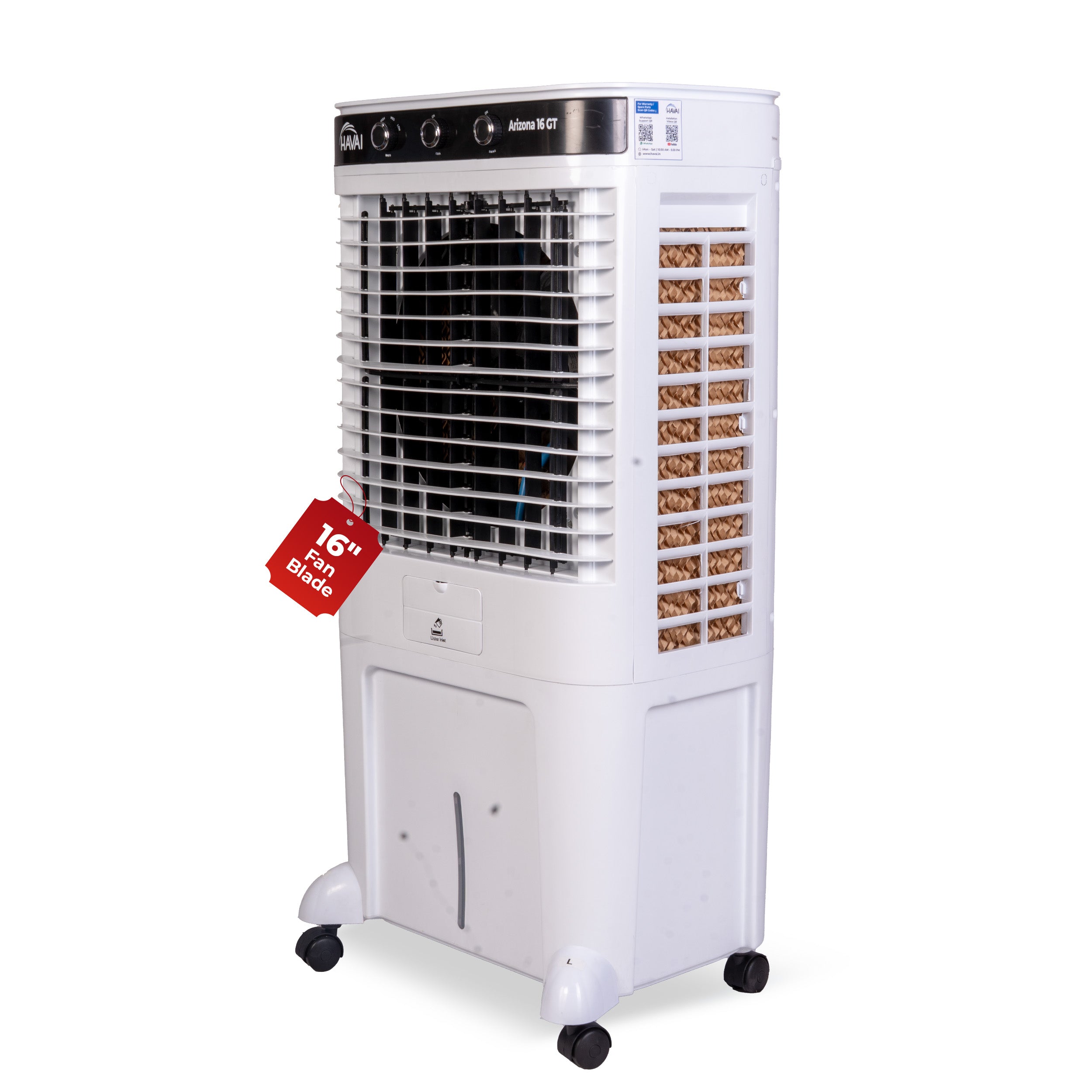 HAVAI Arizona 16 80L Desert Air Cooler with Ice Chamber | 16-Inch Aerodynamic Blade | 3-Side Thick Honeycomb Pads | 5 Castors for Extra Stability | 3300 m³/hr Air Delivery | 20 Ft Air Throw | 1 Year On-Site Warranty