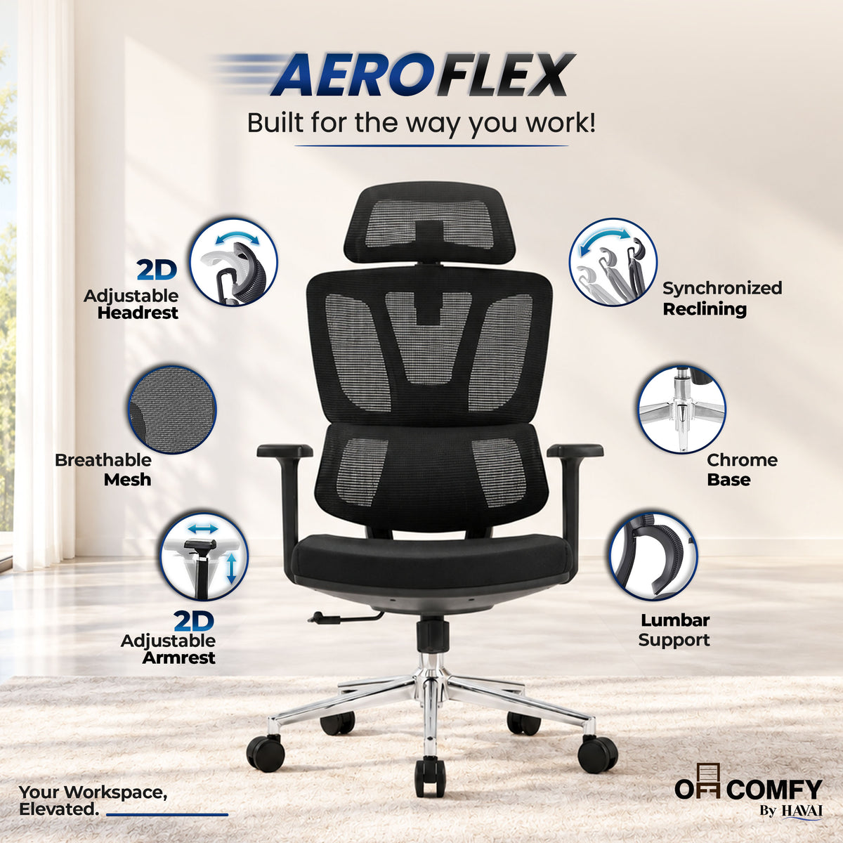 Havai AeroFlex High Back Office Chair | Ergonomic High Back Mesh | Adjustable Headrest | Lumbar Support | Reclining Function | Height Adjustable | 2D Adjustable Armrests | Comfortable Cushioned Seat | Chrome Five-Star Base | Smooth Rolling Casters | Black