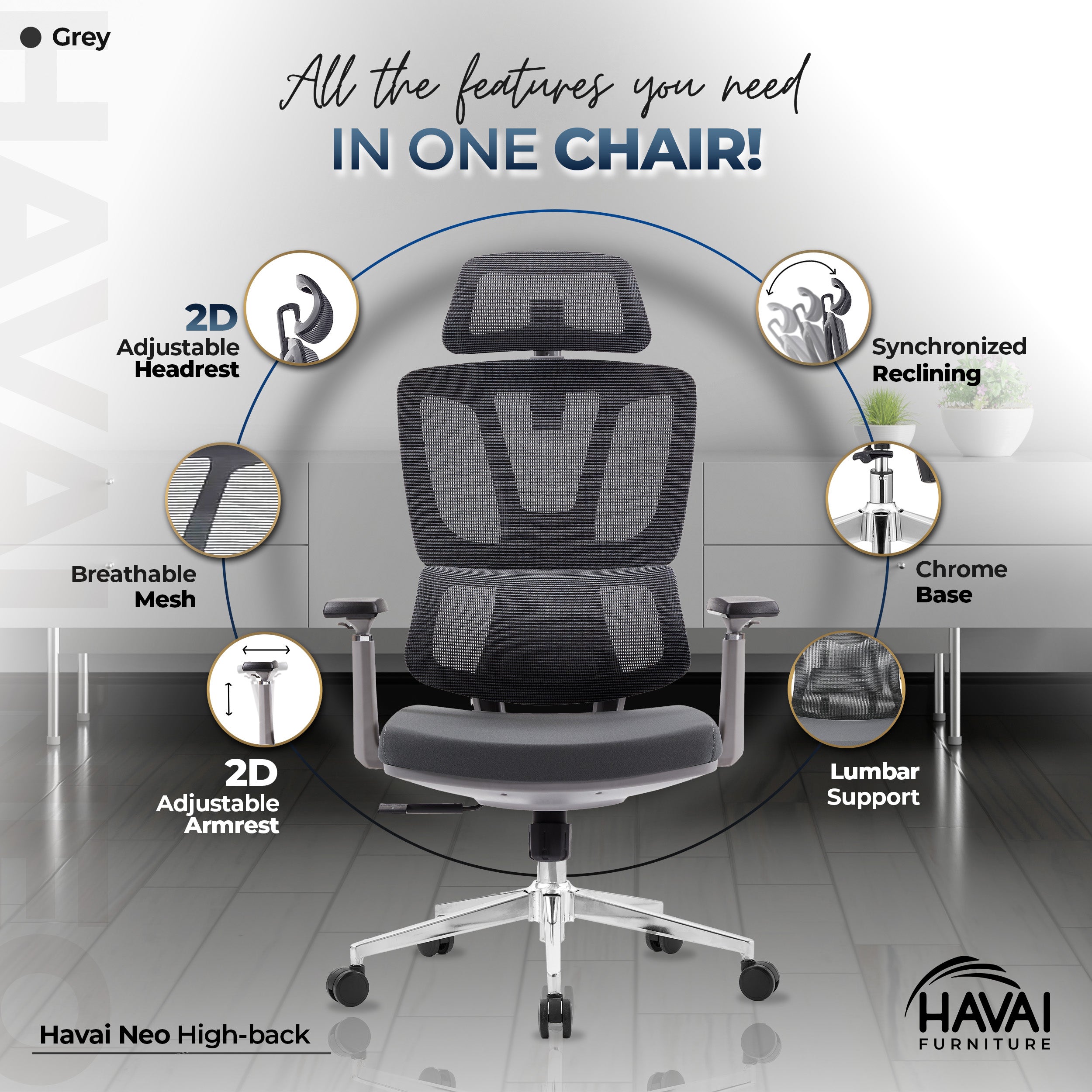 HAVAI Neo High Back Ergonomic Mesh Office Chair | Multi-Lock Mechanism | Chrome Base | 3D Armrests with PU Pads | Adjustable Headrest | Breathable Mesh Back (Grey)