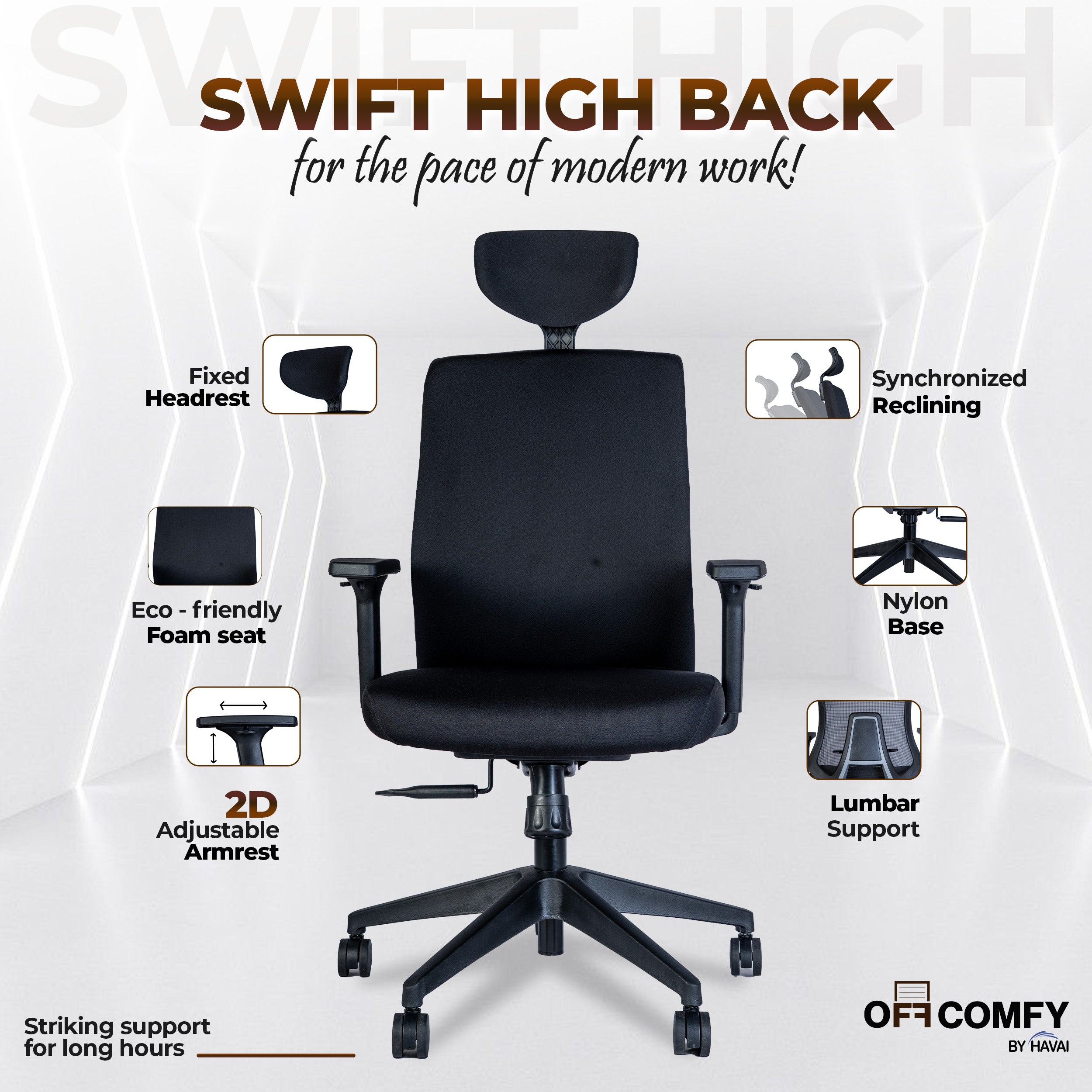 Off-Comfy by HAVAI Swift High Back Ergonomic Office Chair | Fixed Headrest | 3D Adjustable Armrest | Lumbar Support | Synchronized Recline | Chrome Base | Work from Home & Office Chair