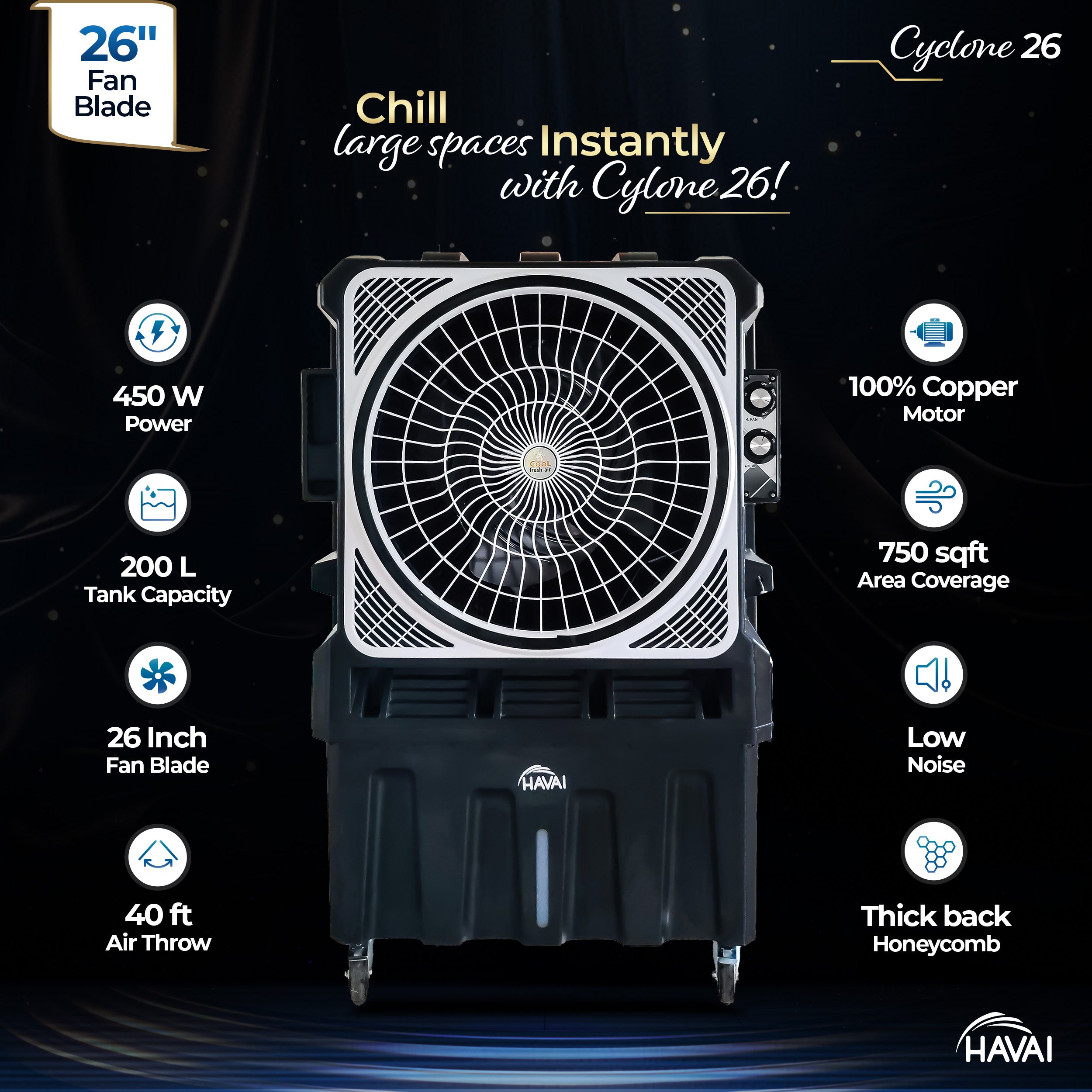 HAVAI Cyclone 26 Desert Air Cooler | 26" Fan Blade | 200L Tank Capacity | 440W High-Performance Cooling | 750 Sq. Ft. Coverage | Auto Swing | Three Side Honeycomb Pads | Lockable Wheels | Black