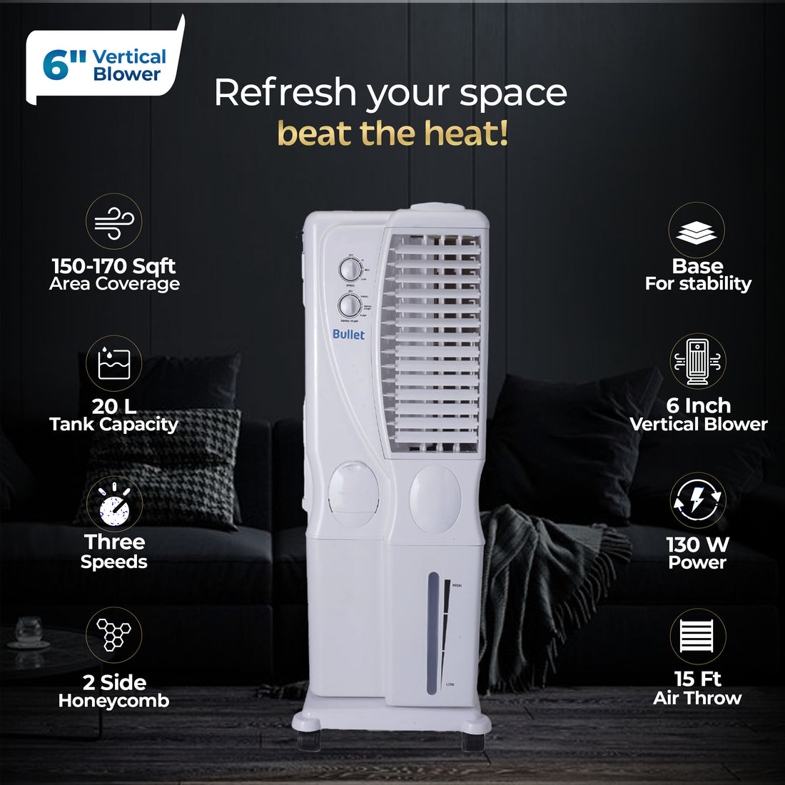 Bullet Tower Air Cooler - 20 Liter, White