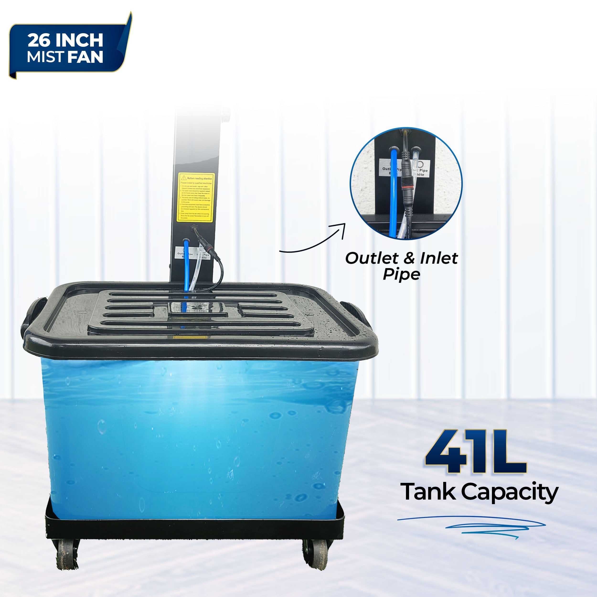 26″ Commercial Mist Fan, 260W Copper Motor | 10m Spray | Manual Mist Control | Aluminium Blade | Finger-Proof Grill | 41L Tank | Fixed 6ft Height | 48-Hour Installation & 1-Year Warranty