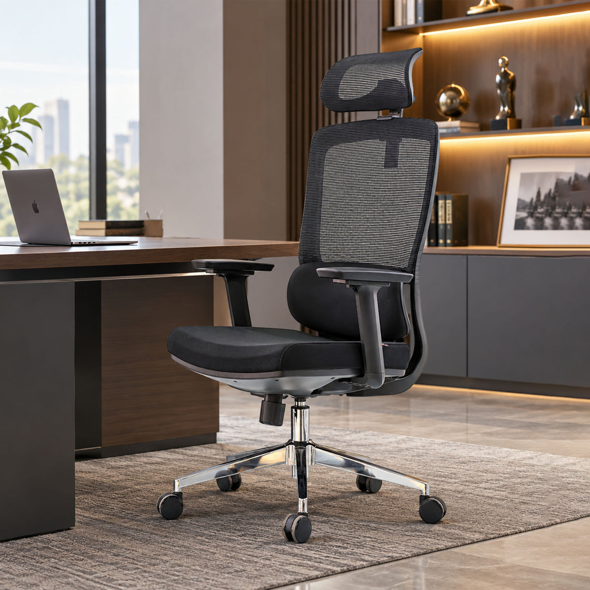 Comfy Black Ergonomic Office Chair | Adjustable Headrest | Adjustable Lumbar Support | Recline Function | Height Adjustable | 2D Adjustable Armrests | Comfortable Cushioned Seat | Chrome Base | Black Finish
