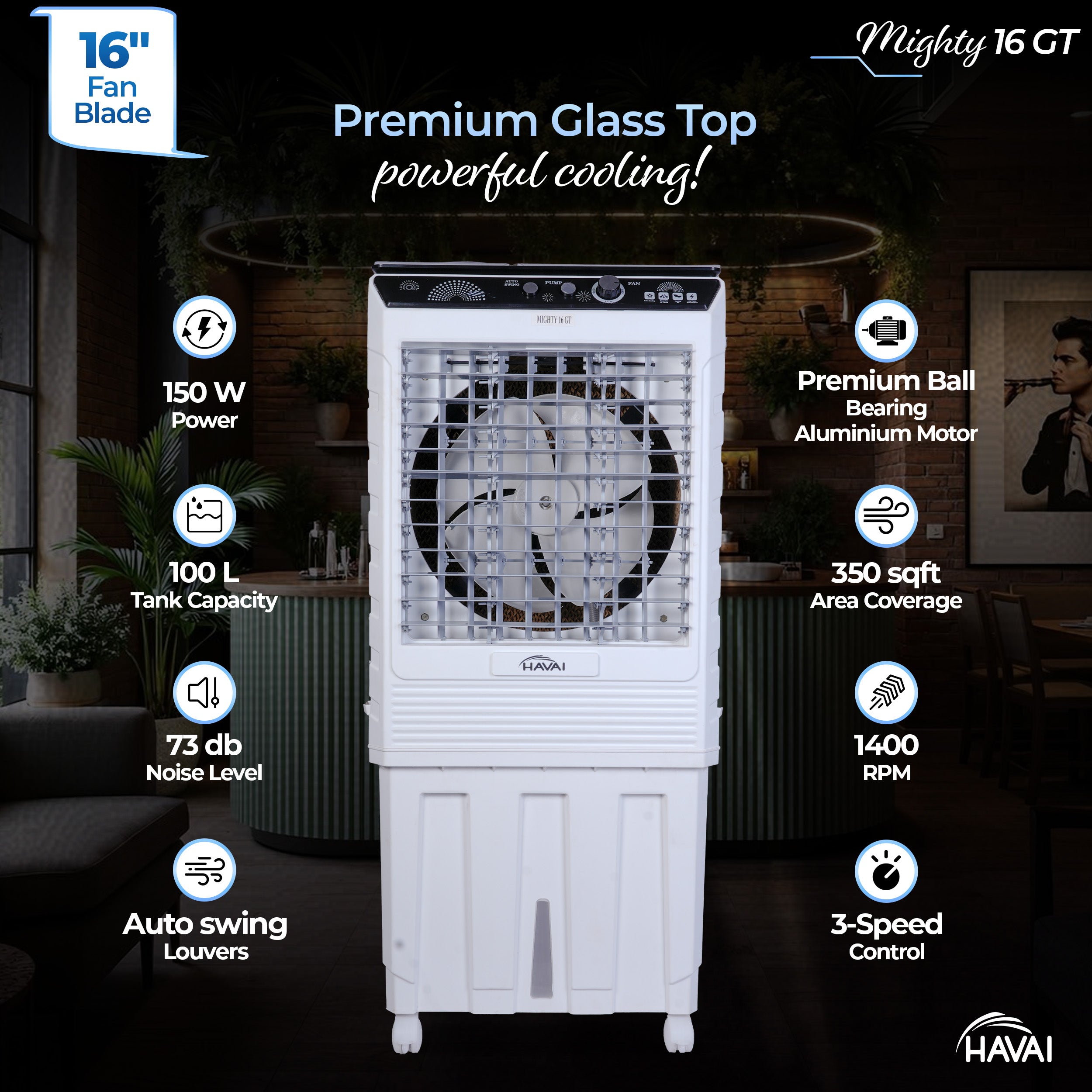HAVAI Mighty 16 GT Glass Top Desert Air Cooler for Home & Commercial Use | 16 Inch Fan, 100L Tank, 5190 m³/hr Air Delivery | 350 Sq Ft Coverage | Honeycomb Pads, Aluminium Motor, Low Noise | White & Grey