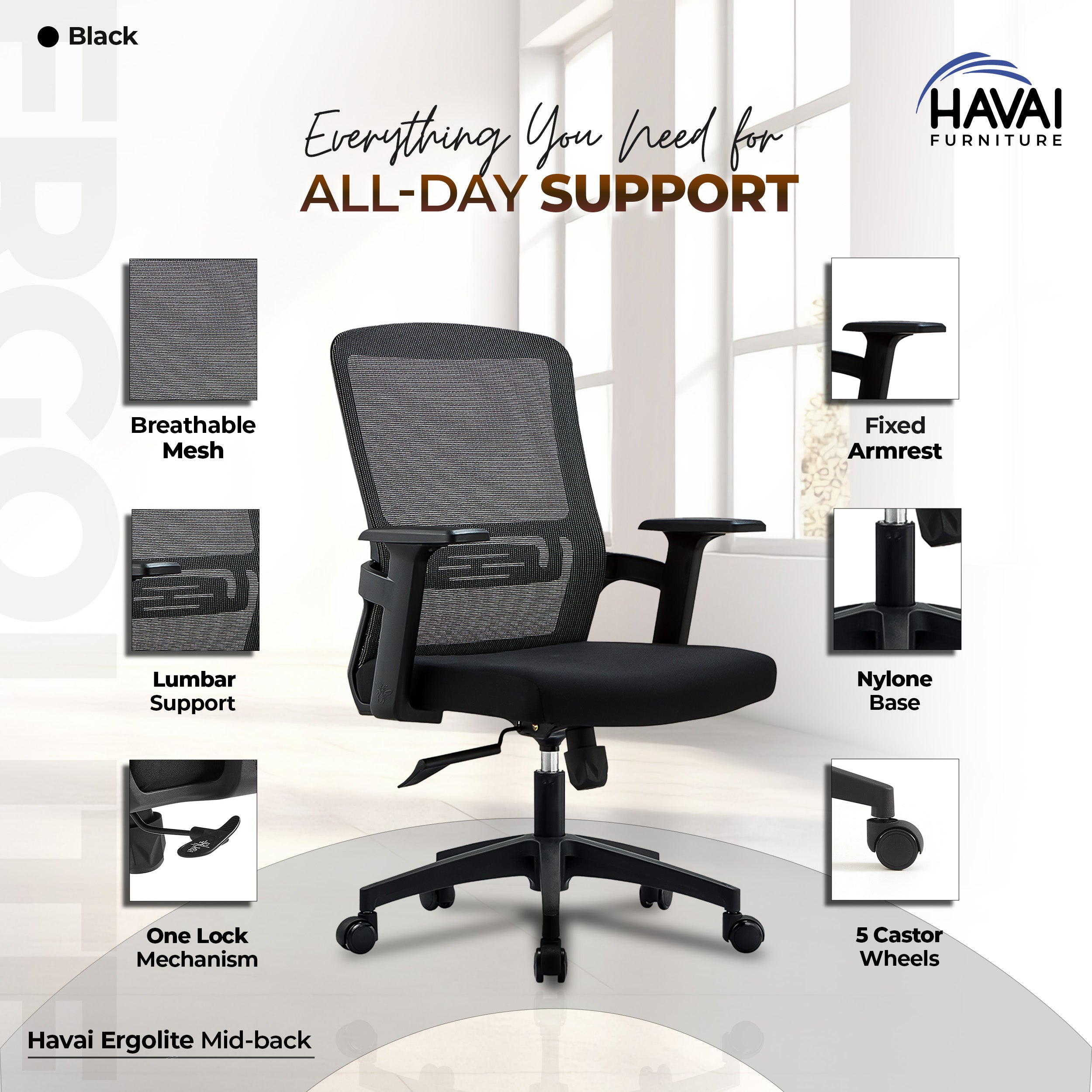 HAVAI Ergolite Mid Back Ergonomic Mesh Office Chair | One Lock Tilt Mechanism | Fixed Armrests | Nylon Base | Breathable Mesh Back (Black)
