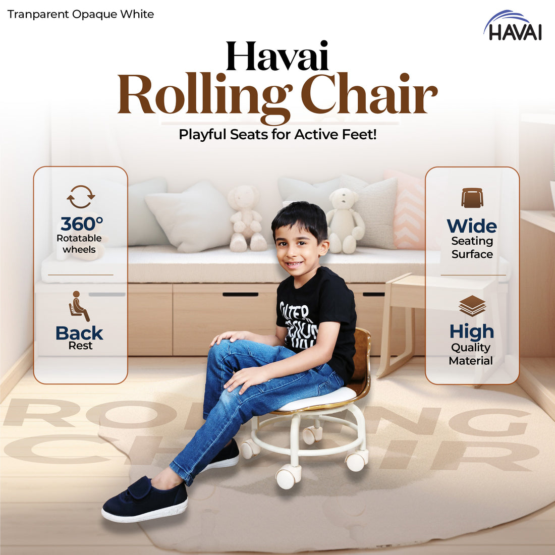 HAVAI Rolling Chair – 360° Rotatable Wheels, Backrest, Wide Seating Surface, Playful Chair for Active People