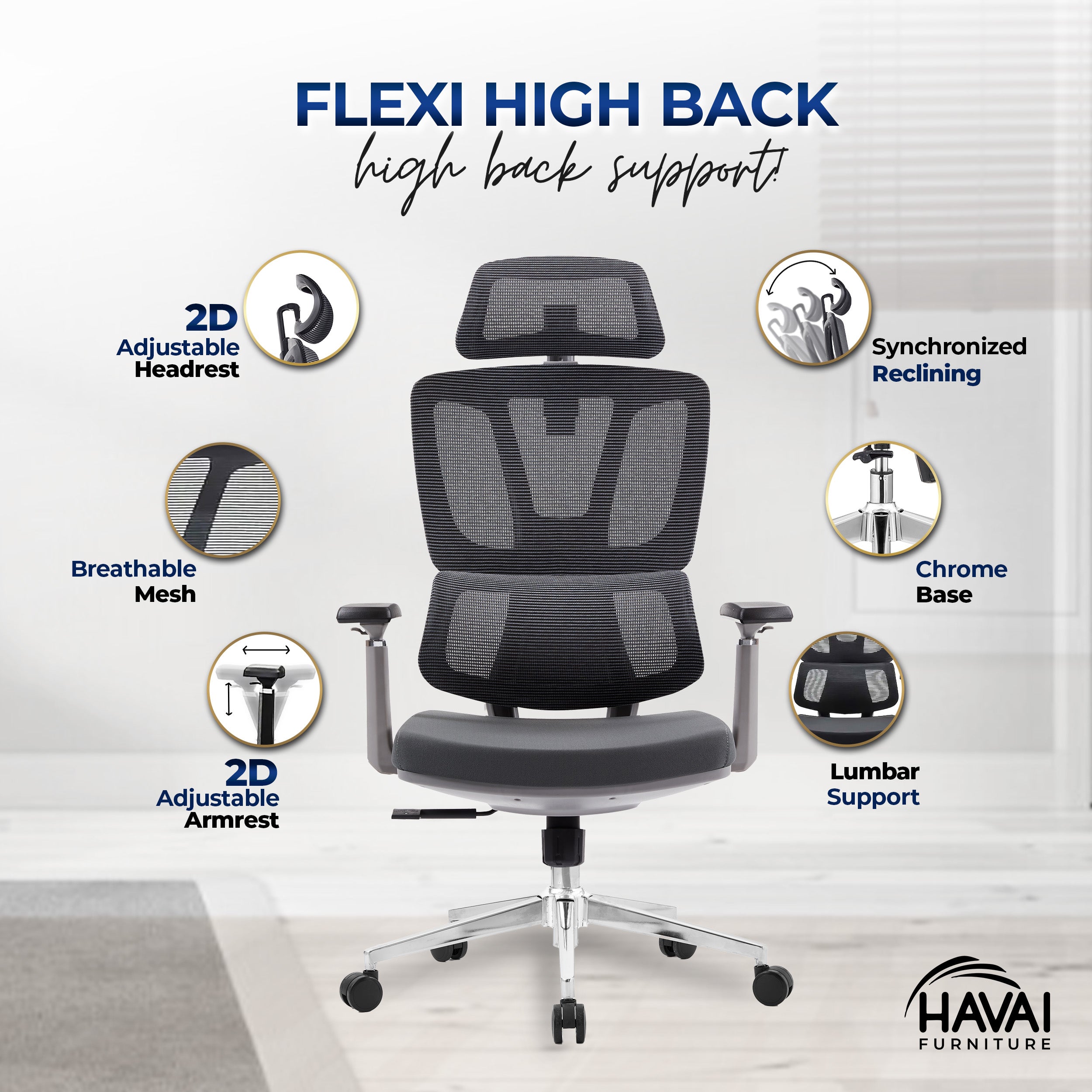 HAVAI Flexi High Back Black Mesh Ergonomic Office Chair | Multi-Lock Synchro Tilt | Aluminium Base | Class 4 Gaslift | Seat Slider | 3D Adjustable Armrests | 50mm Casters | Premium Mesh Back & Fabric Seat(Grey)