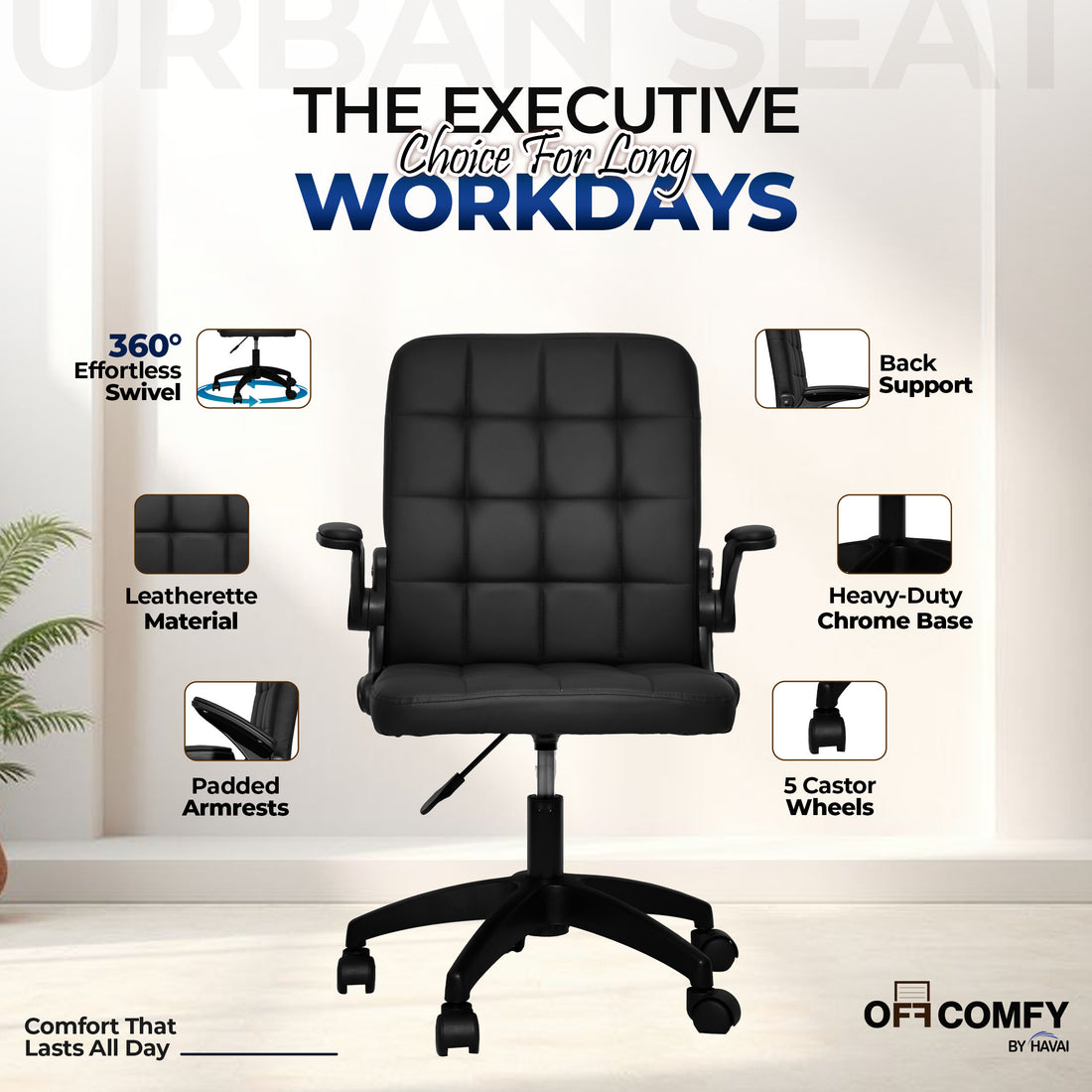 HAVAI Urban Seat Executive Office Chair | Premium Black PVC Upholstery | Ergonomic Cushioned Seat | Class 1 Gas Lift | Nylon Base & Wheels | Home, Office & WFH Chair
