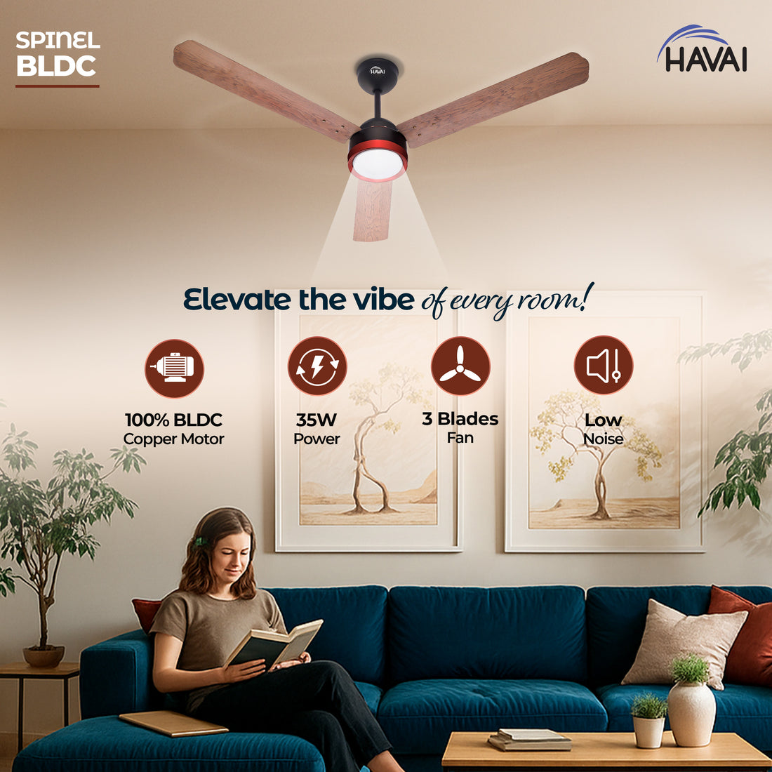 HAVAI Spinel BLDC Ceiling Fan with Decorative Ring | 1200mm, 3 Blades, 27W | Remote Control & 9W LED Light | 2 Years Warranty | Smoky Brown