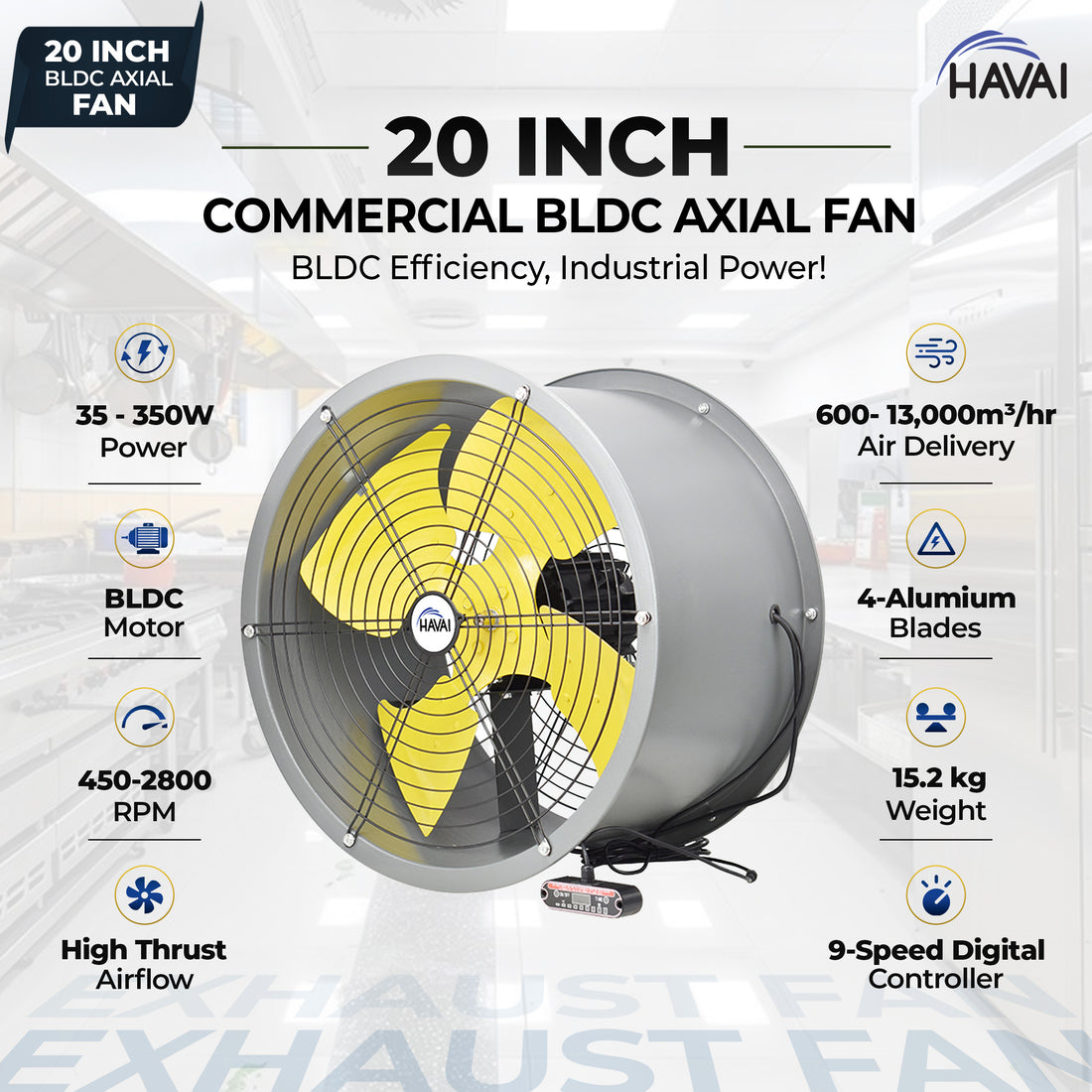 HAVAI 20-Inch Heavy Duty BLDC Axial Fan | Maintenance-Free BLDC Motor | 4-Leaf 2mm Aluminium Blades | 9-Speed Digital Controller | 600–13,000 m³/hr | 35W–350W | 2-Year Warranty