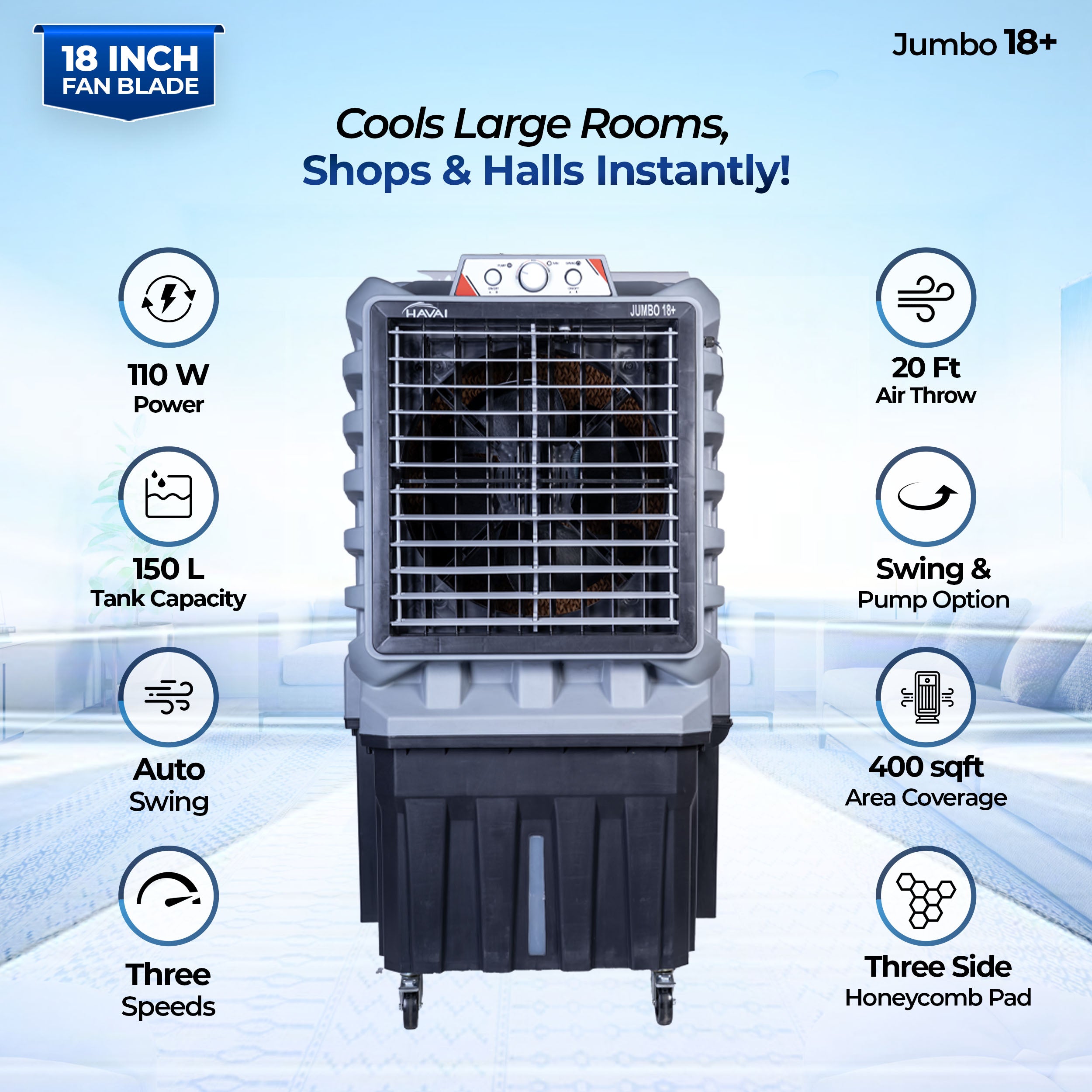 HAVAI Jumbo 18+ Massey Desert Cooler | 150L | 18-Inch Fan | Heavy-Duty 41mm Motor | 3-Side Honeycomb Pads | Auto Swing | Castor Wheels | 230V, 110W | White & Grey