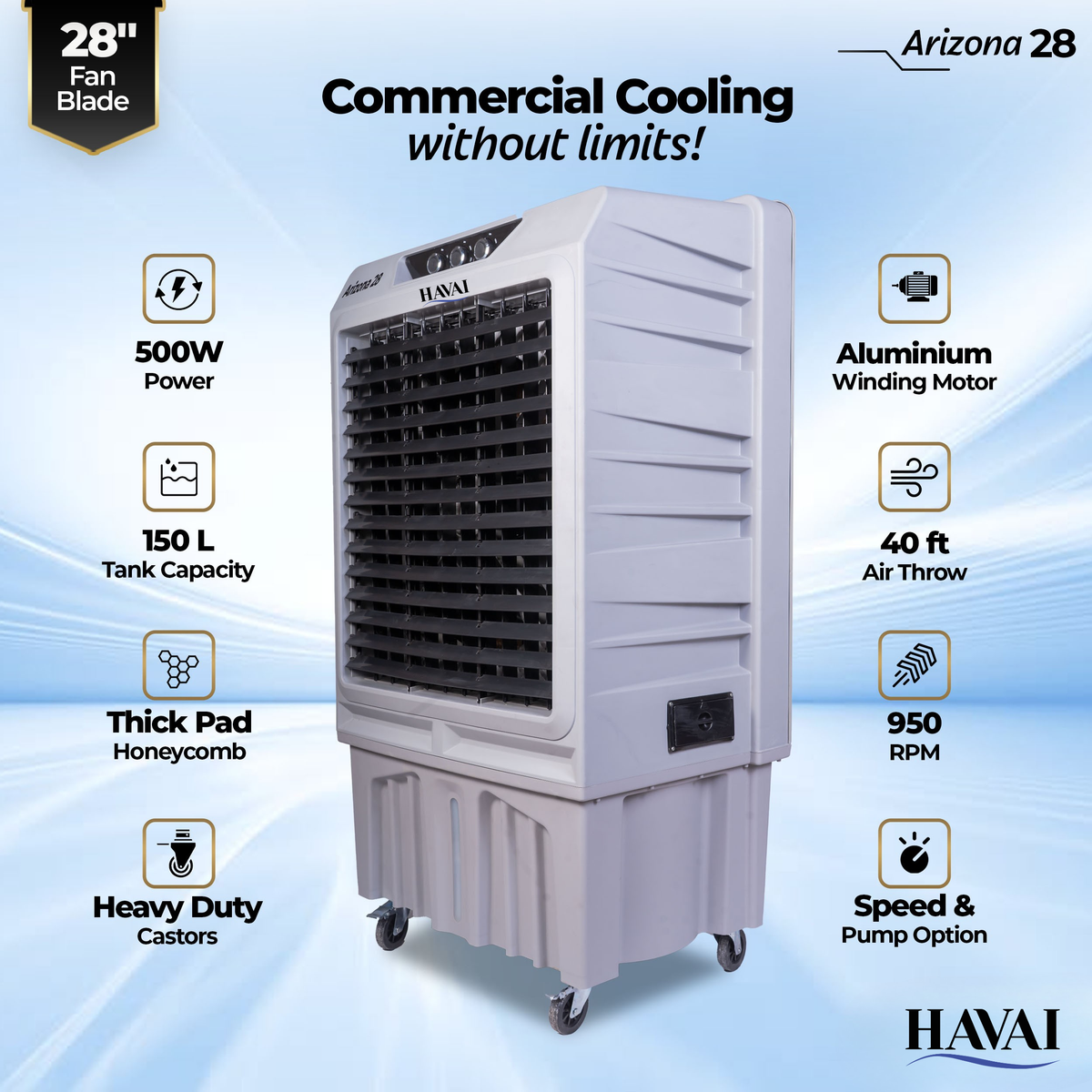 Havai Arizona 28 Industrial & Commercial Air Cooler | 28-Inch Engineered 3-Leaf Blade | 10,000 m³/hr Air Delivery | 150L Tank | 500W Motor | 40 Ft Air Throw | Covers 700 Sq. Ft. | Finger Pull Drain Plug | 1-Year Warranty
