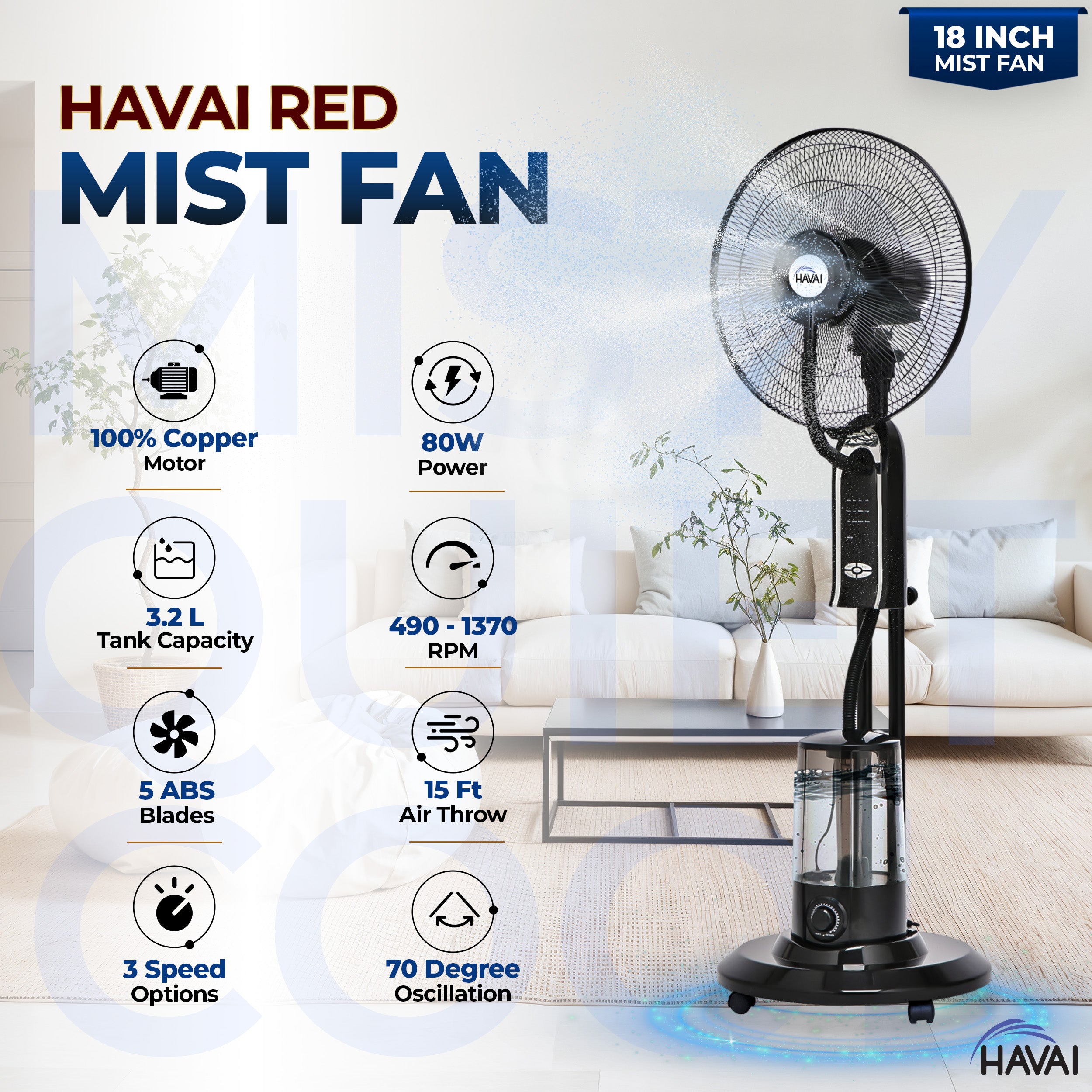 HAVAI RED 18" BLDC Mist Pedestal Fan – High-Speed, Remote & Touch Control, 3.2L Tank, 80W Power, 350 Sq Ft Coverage, Easy Install, Black (Copy)