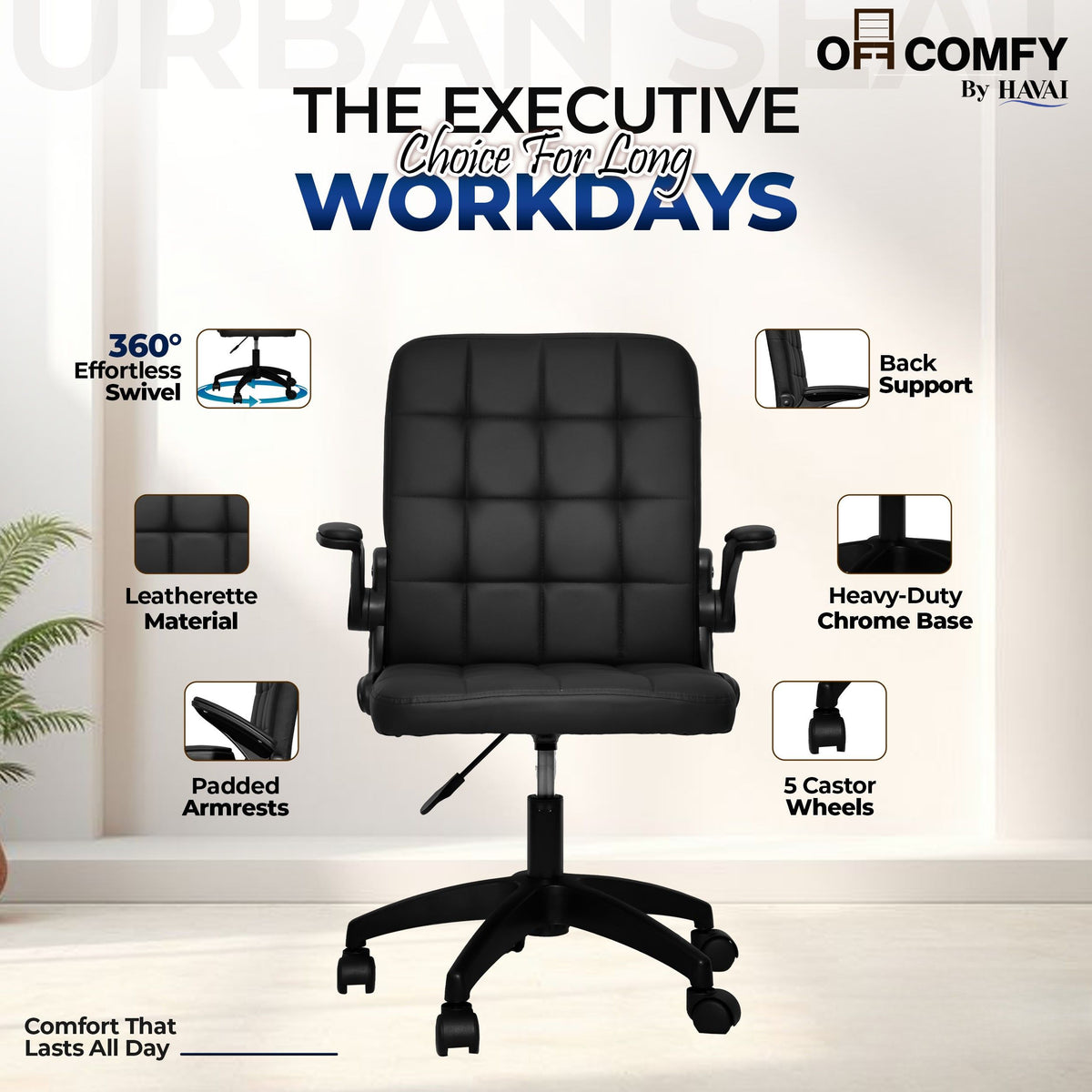 HAVAI Urban Seat Executive Office Chair | Premium Black PVC Upholstery | Ergonomic Cushioned Seat | Class 1 Gas Lift | Nylon Base & Wheels | Home, Office & WFH Chair