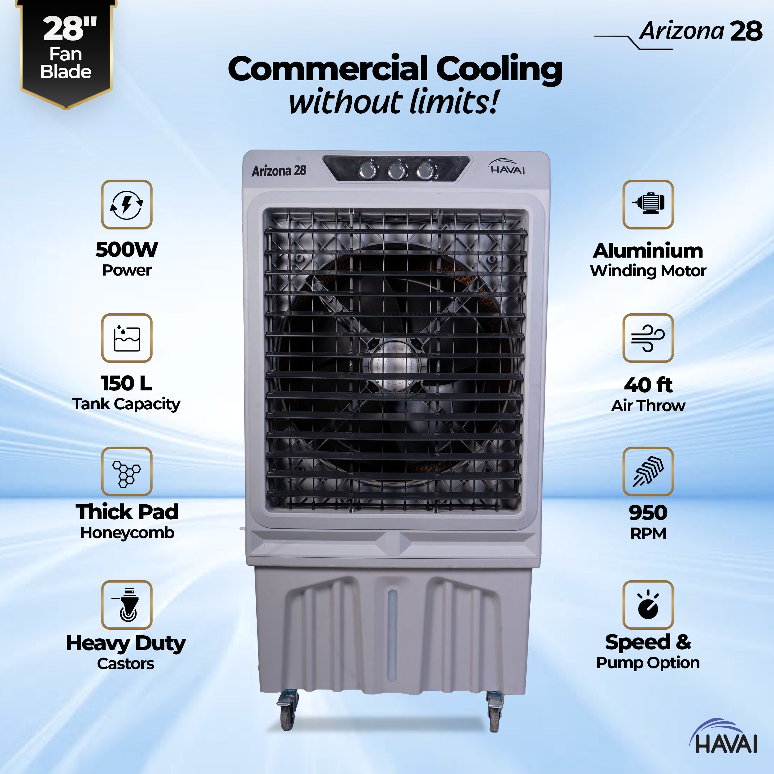 HAVAI Arizona 28 Industrial & Commercial Air Cooler | 28-Inch Engineered 3-Leaf Blade | 10,000 m³/hr Air Delivery | 150L Tank | 500W Motor | 40 Ft Air Throw | Covers 700 Sq. Ft. | Finger Pull Drain Plug | 1-Year Warranty