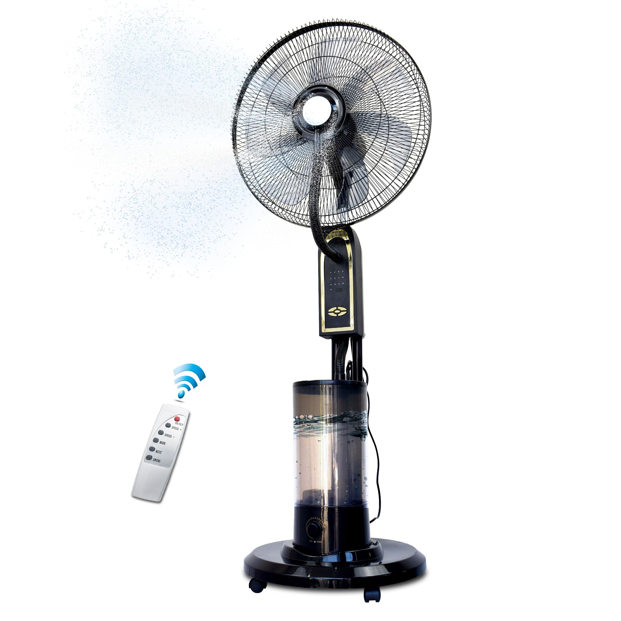 RED X 18" BLDC Mist Pedestal Fan – High-Speed, Remote & Touch Control, 4.5L Tank, 75W Power, 350 Sq Ft Coverage, Easy Install, Black