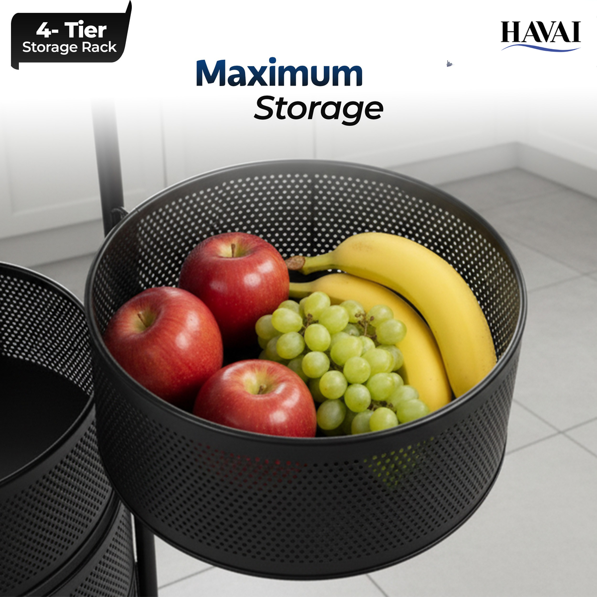 Havai 4 Tier Round Rolling Kitchen Storage Rack | Sturdy Metal Frame | Space-Saving Utility Shelf – Black