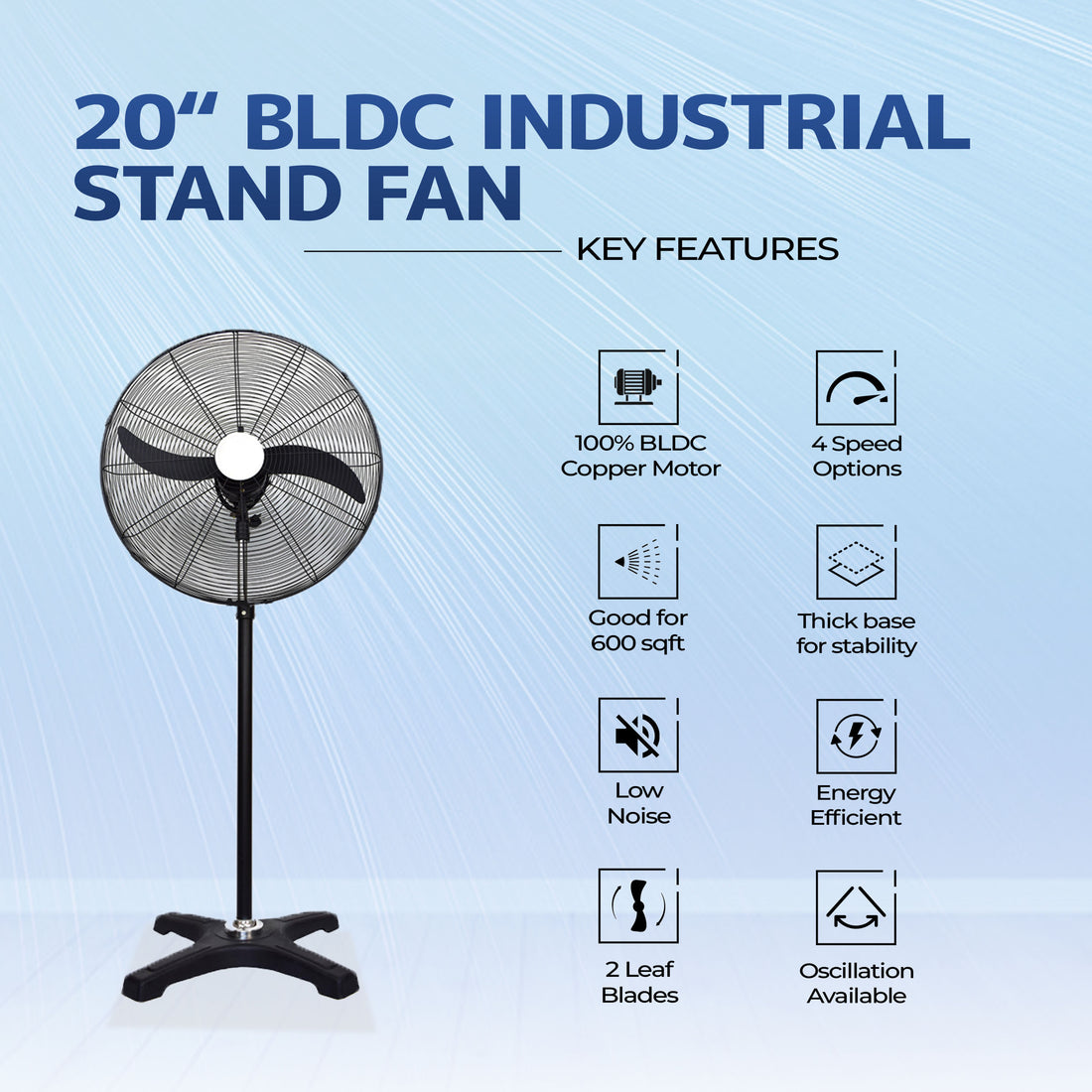 BLDC Pedestal Fan 20 Inch, 50% Savings On Electricity, High Velocity, Heavy Duty Metal For Industrial, Commercial And Residential Use, Assembly Included , Black