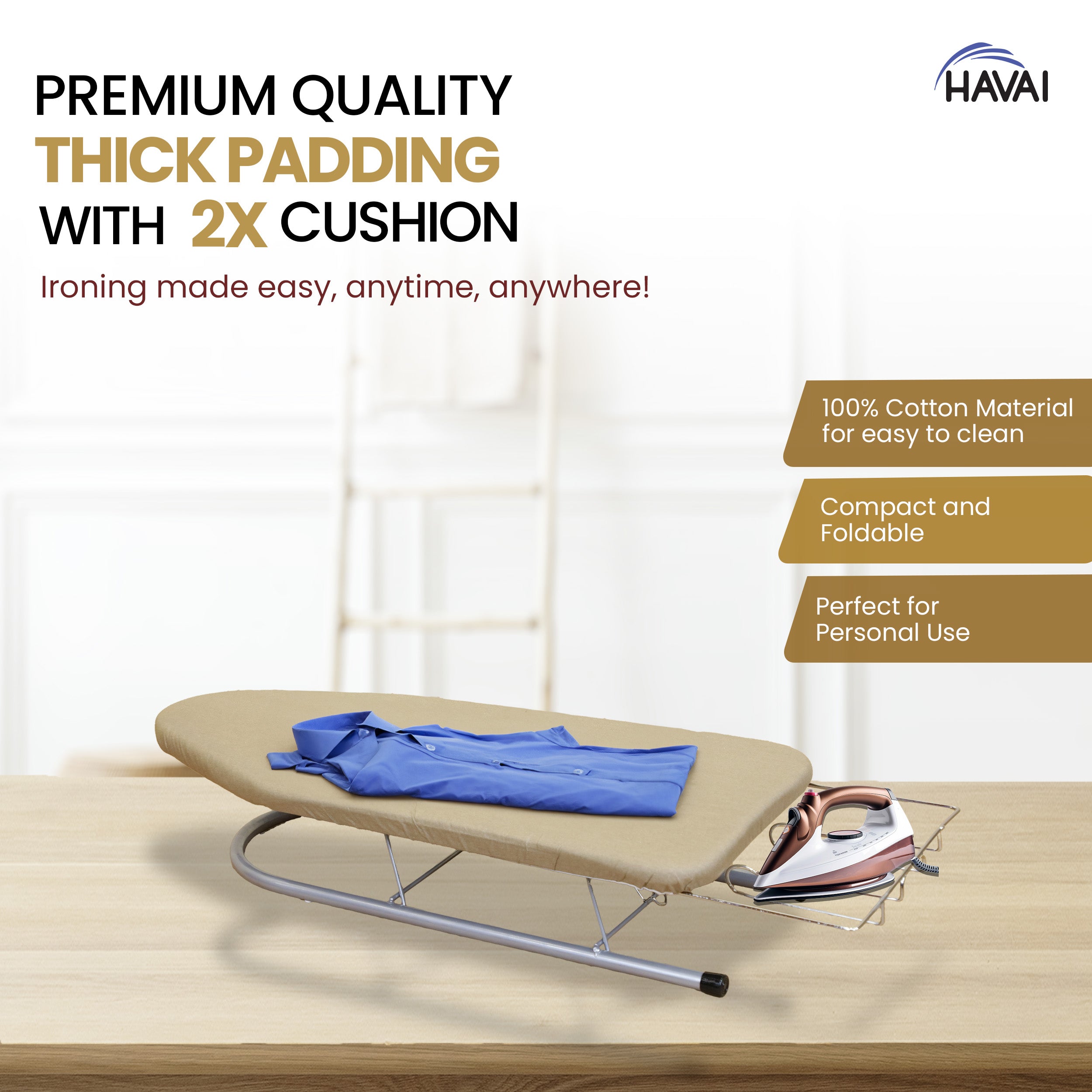 HAVAI Tabletop Ironing Board with Iron Rest- Grey, 76x29 cm Surface - Wall Mountable, Iron Rest with Silicon Pad, Heat-Resistant & Space-Saving Iron Table for Ironing Clothes