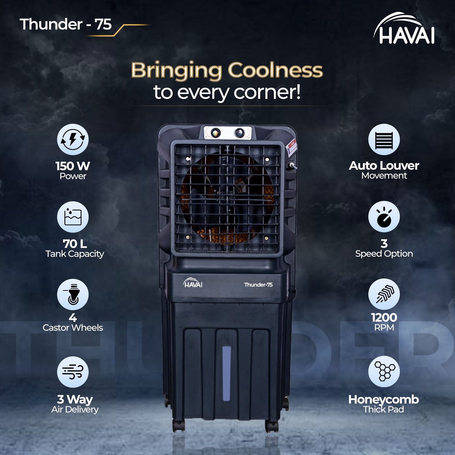 HAVAI Thunder-75 Air Cooler | 70L Tank Capacity, 150W Power, 250 Sq. Ft. Area Coverage | 15 Ft. Air Throw, Auto Louver Movement, 3-Speed Control, 3-Way Air Delivery | Powerful Cooling