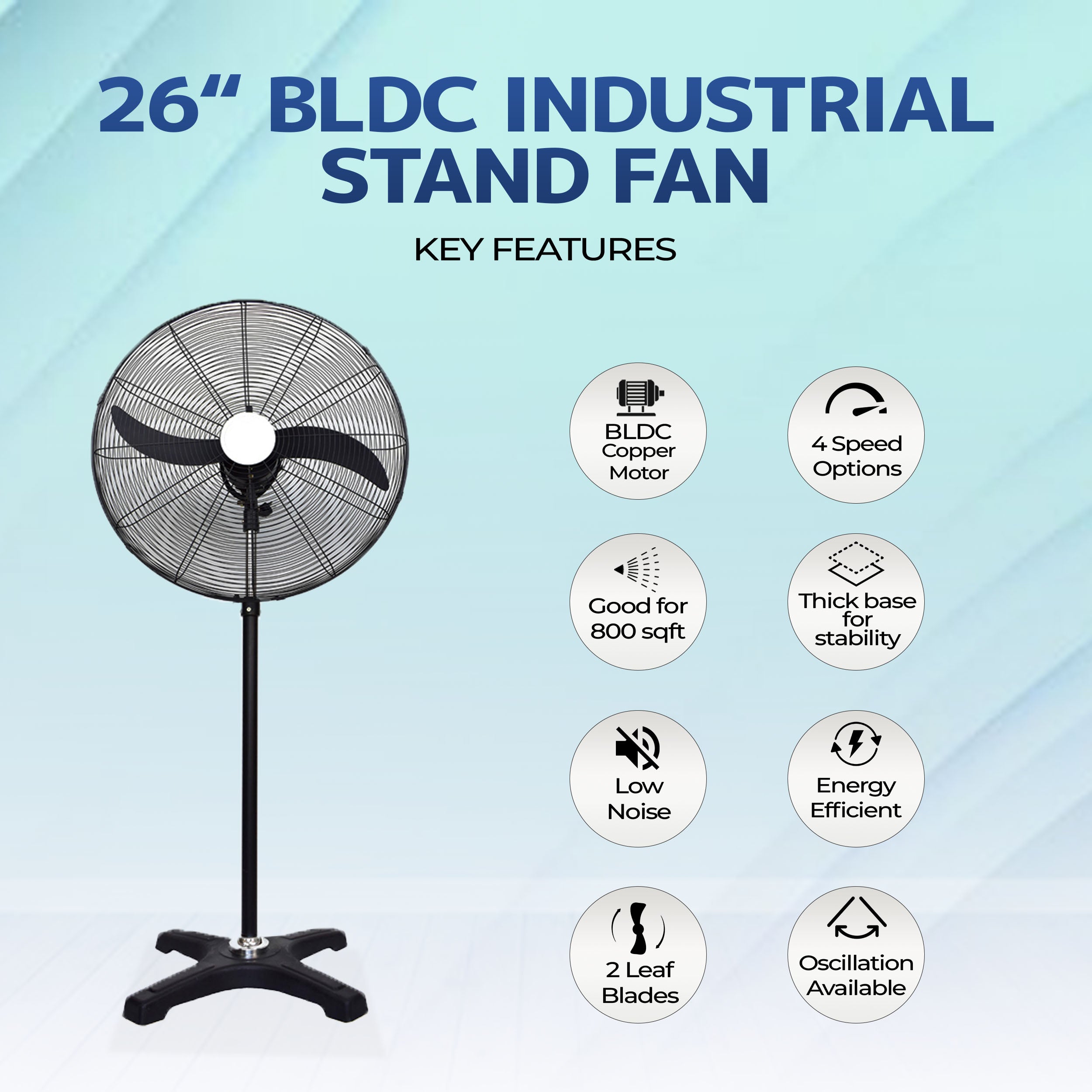 BLDC Pedestal Fan 26 inch, 50% Savings on Electricity, High Velocity, Heavy Duty Metal for Industrial, Commercial and Residential Use, Assembly Included