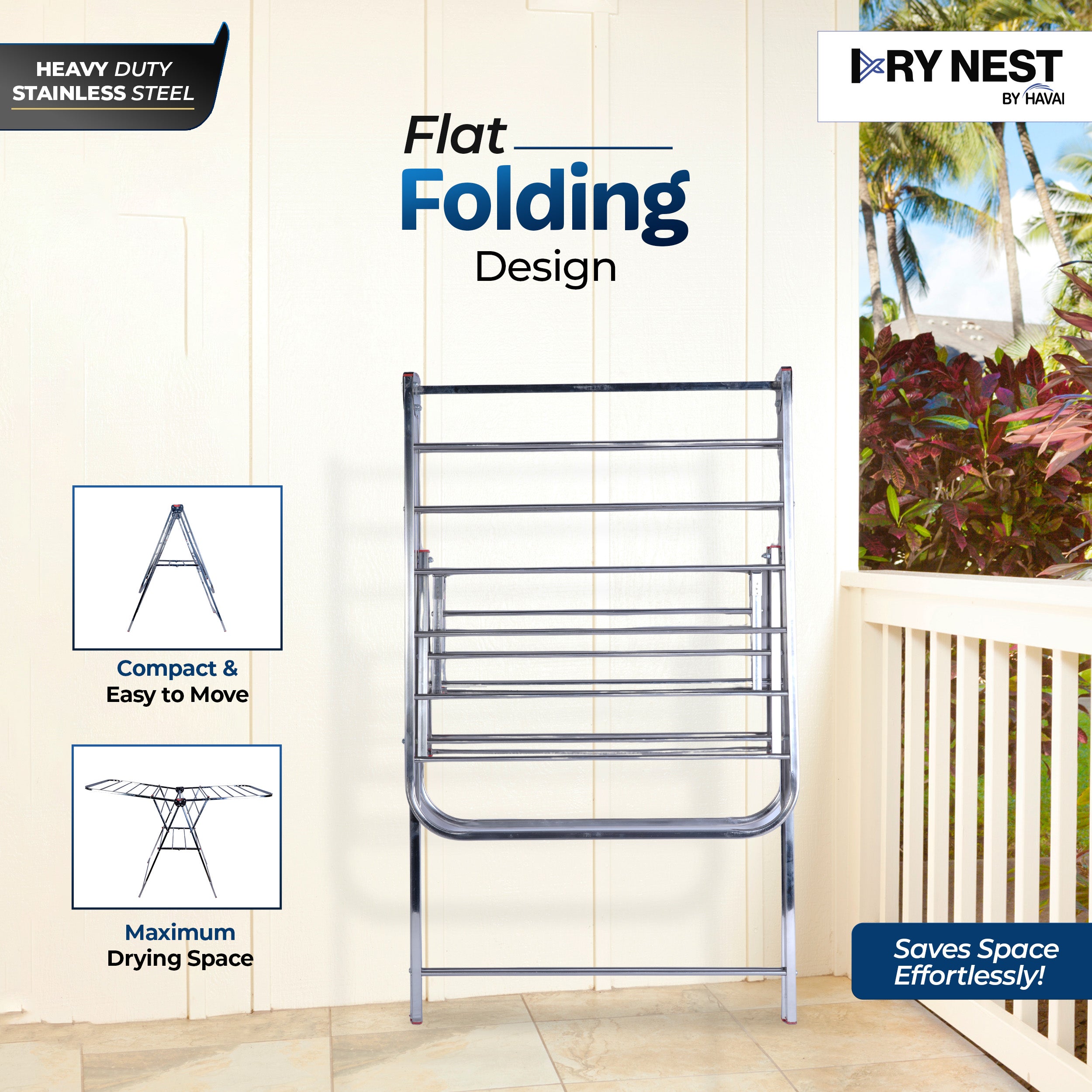 DryNest by HAVAI – Heavy Duty Foldable Cloth Drying Stand | Rust-Free Stainless Steel Laundry Rack | Indoor, Outdoor & Balcony Use | Portable Clothes Dryer Stand