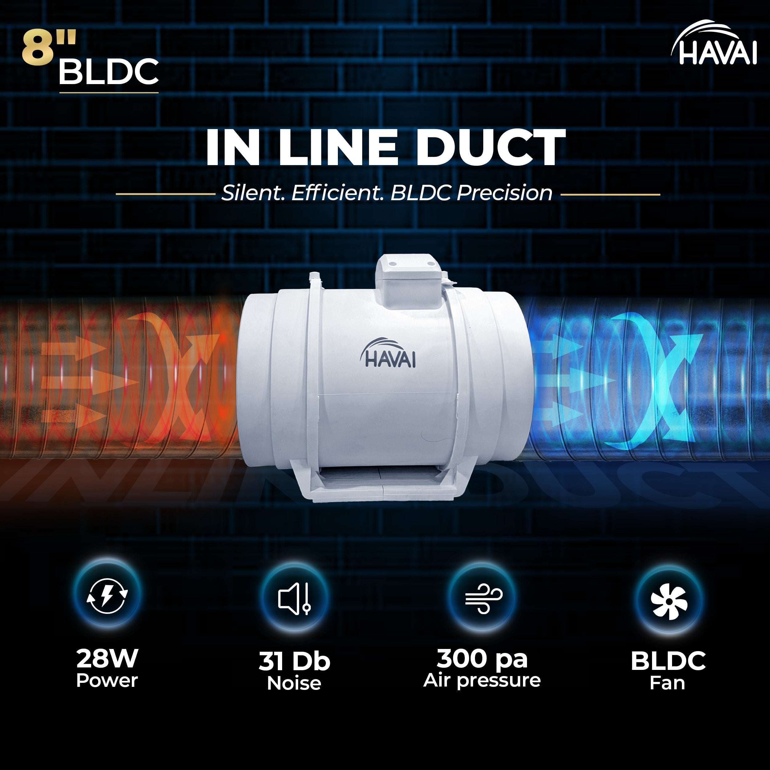Havai BLDC Inline Duct Fan 8 Inch | 900 CMH Airflow | Energy-Saving 40W Exhaust Fan for Ventilation