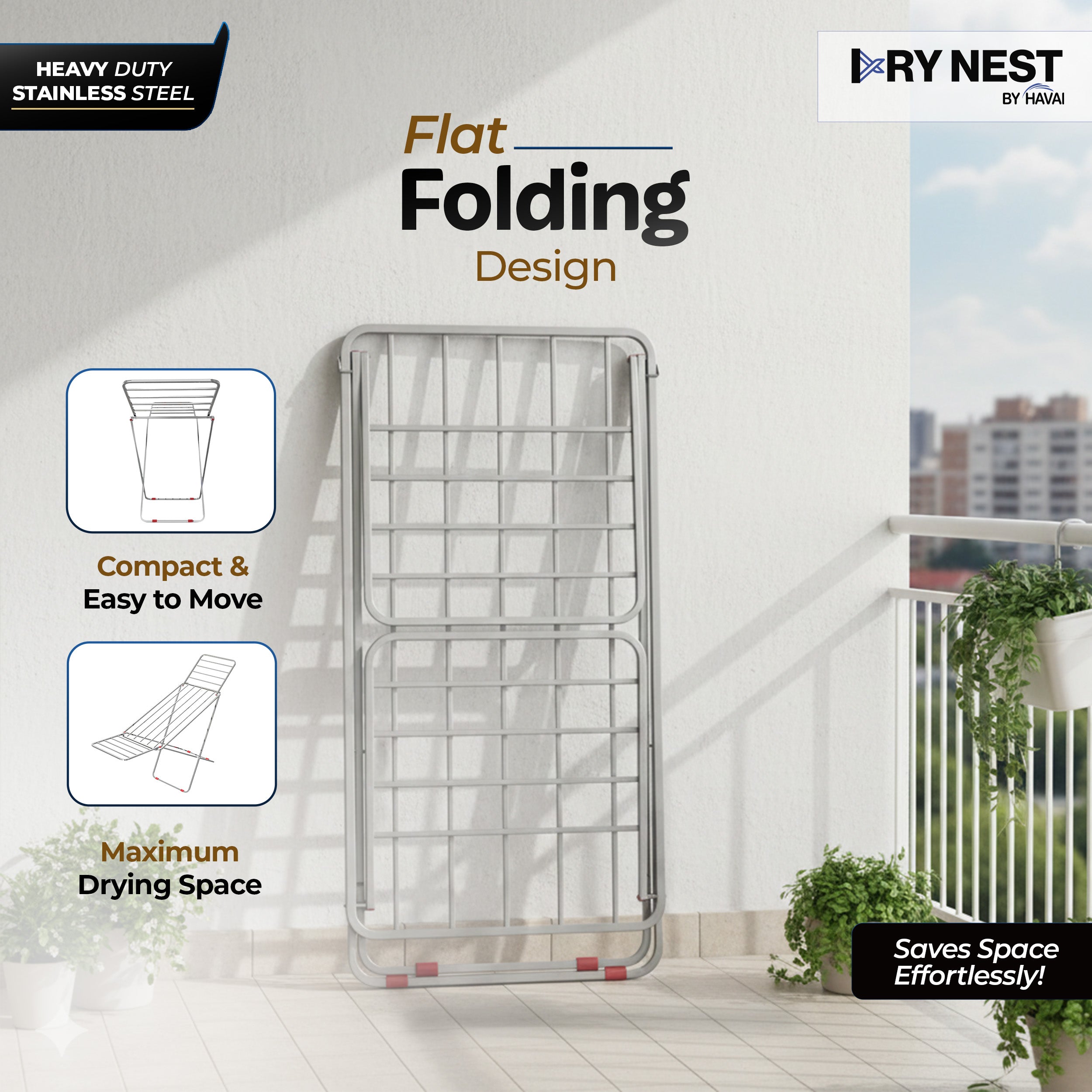 HAVAI DryNest 3.8 KG Heavy Duty Foldable Clothes Drying Stand | 20 Square Rust-Free Steel Rods | Strong Load Capacity | 3-Way Folding Laundry Airer | Space-Saving Indoor & Balcony Clothes Stand | 1-Year Warranty