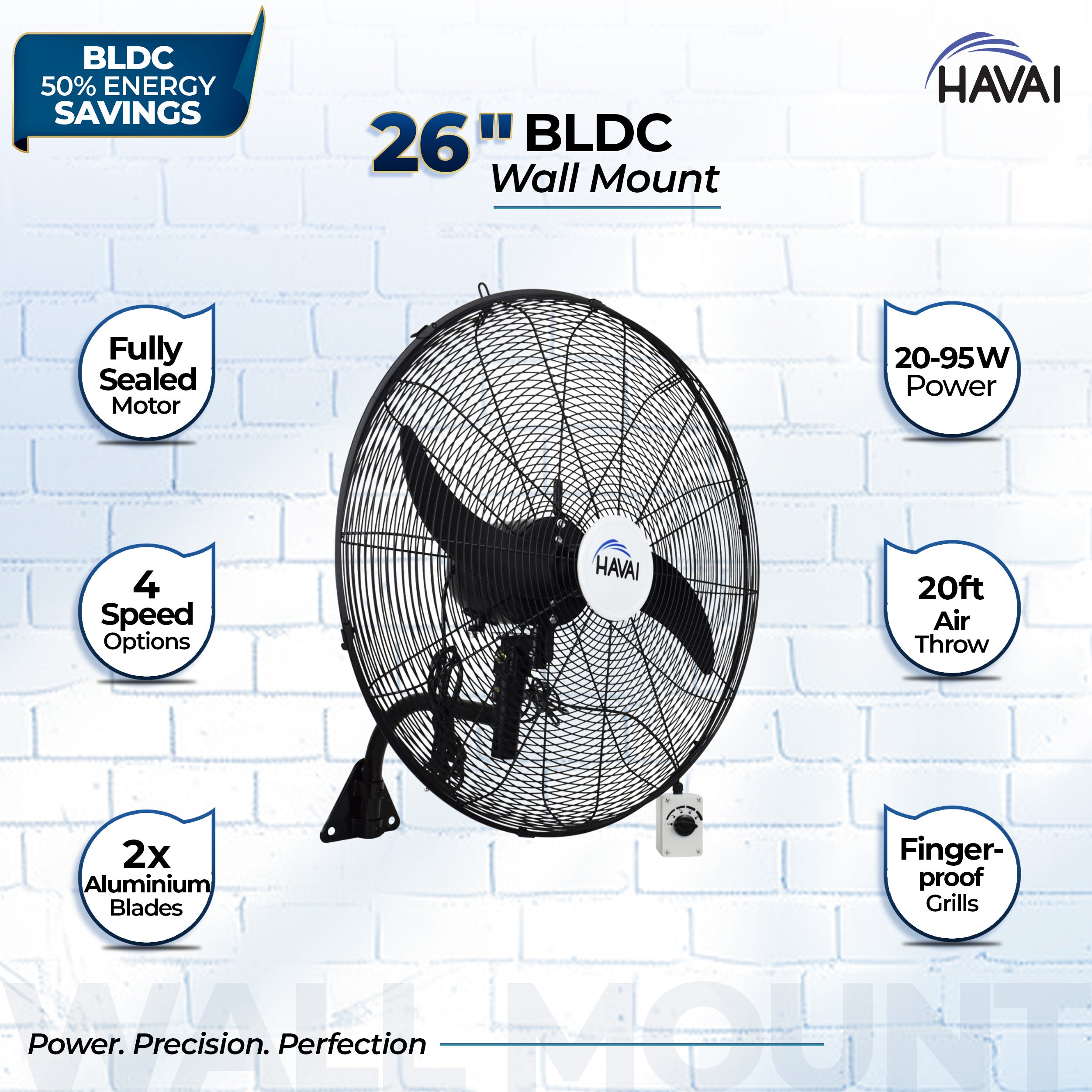 HAVAI BLDC Wall Mount Fan 26 inch, 50% Savings on Electricity, High Velocity, Heavy Duty Metal for Industrial, Commercial and Residential Use, Assembly Included