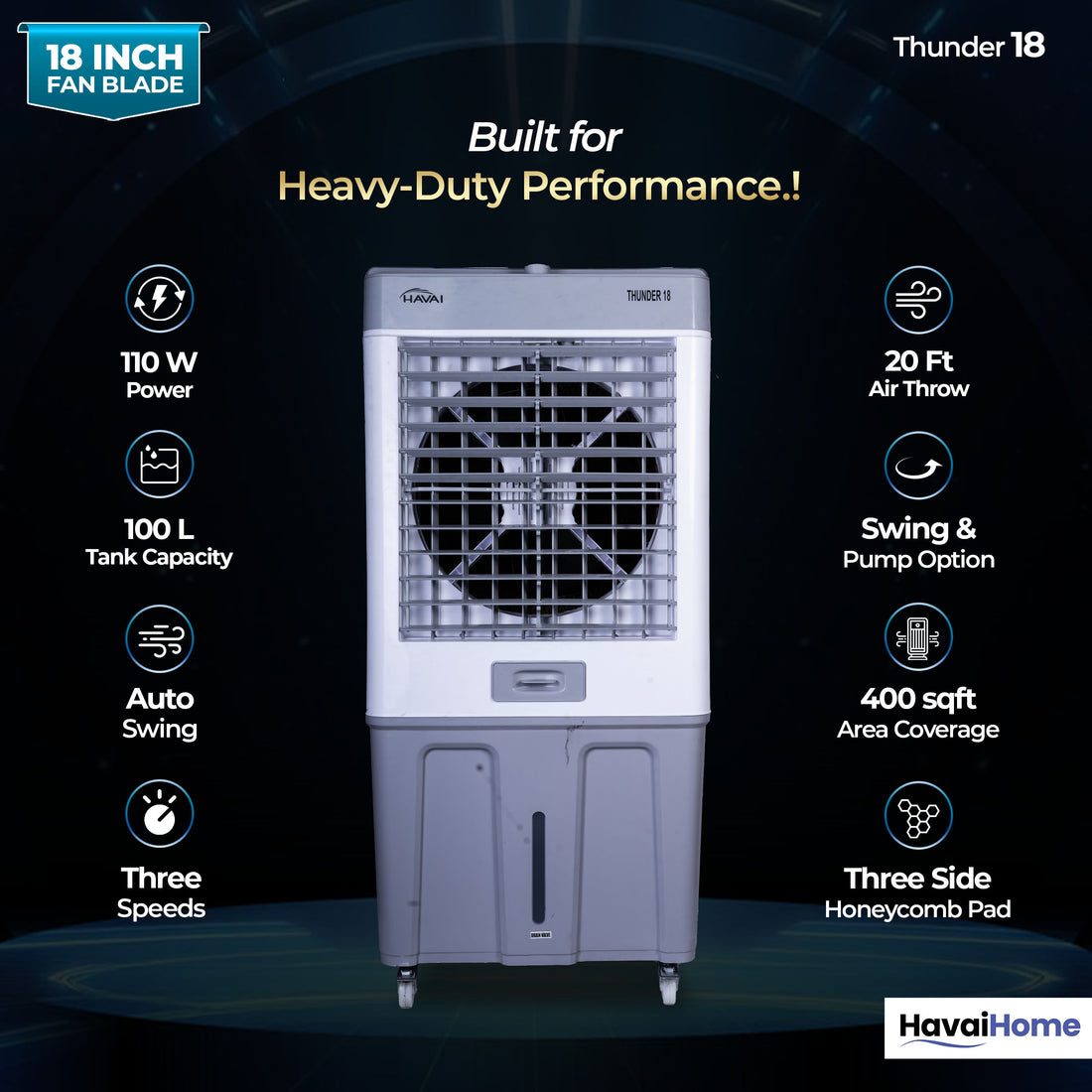 HAVAI Thunder 18 Desert Cooler | 18” Heavy-Duty Aluminium Fan Blade | 110 Dia 35mm Powerful Motor | Auto Swing | 3-Side Honeycomb Pads | 20 Ft Air Throw | 100L Tank | 1-Year Motor Warranty + Post-Warranty Support | White & Grey