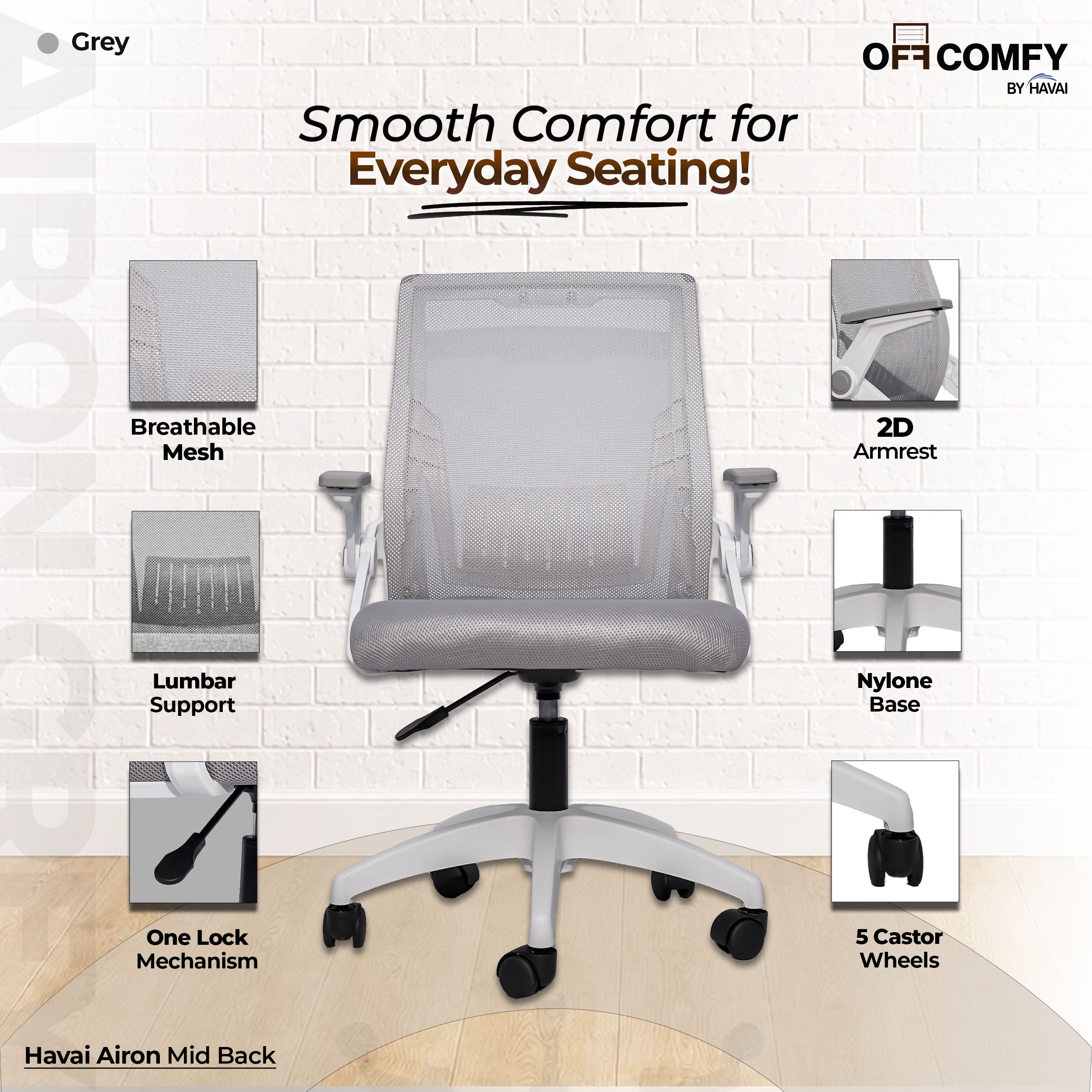 HAVAI Airon Ergonomic Office Chair with Mesh Back | Executive Computer Chair with Reclining & Folding Function | Nylon Armrests | Class 2 Gas Lift | Plywood Base Support | Grey Seat | WFH & Office Use | (Grey)