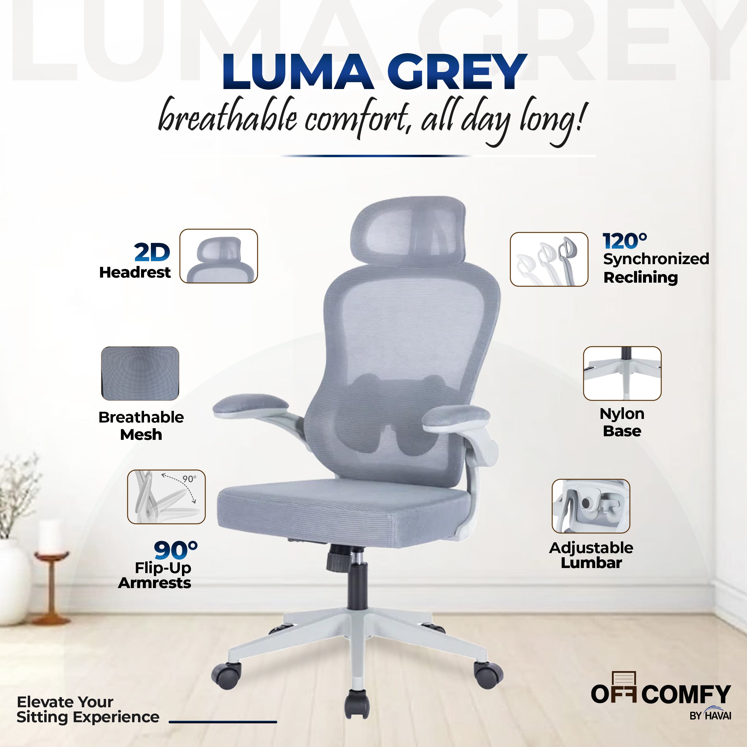 HAVAI LUMA GREY Ergonomic Mesh Office Chair | Mid Back | Breathable Net Fabric | Reclining | Height Adjustable | Class 2 Gas Lift | Nylon Base | Smooth Wheels | WFH & Office