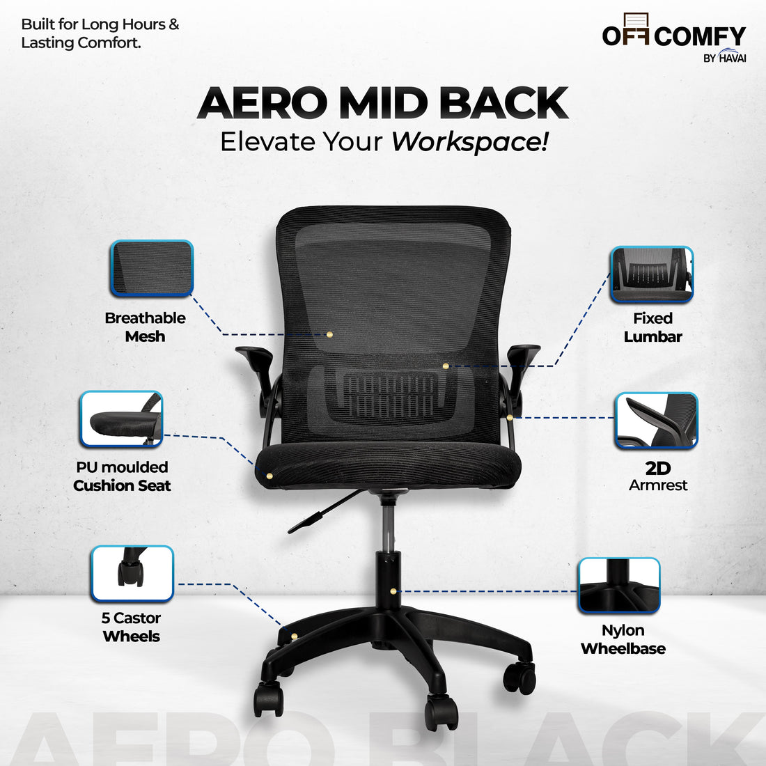 HAVAI Aero Black Ergonomic Office Chair | Premium Net Cloth Fabric | Reclining & Folding Back | 60D Recycled Foam + 24D Virgin Cotton | Nylon Armrests | Class 2 Gas Lift | 310 Nylon Base | 2-Inch Smooth Wheels