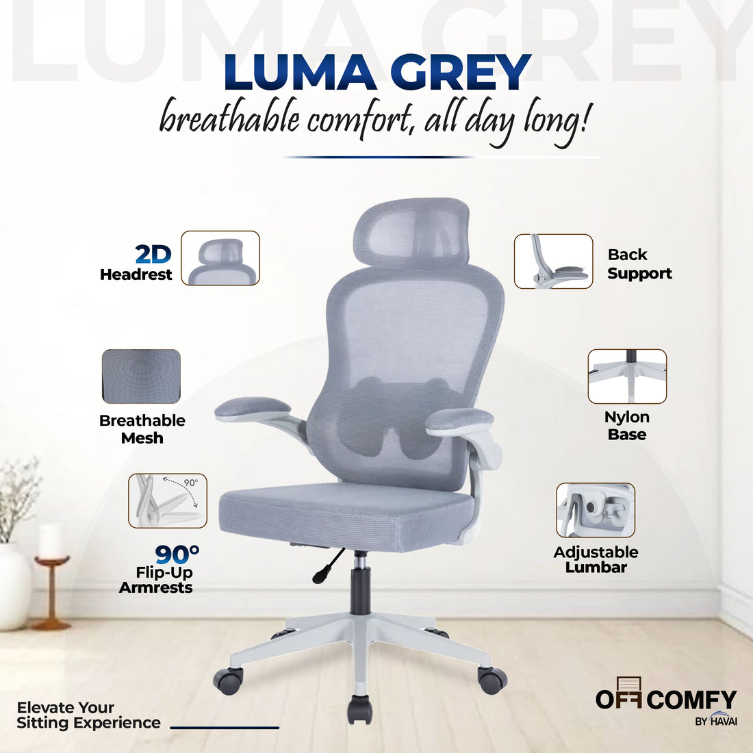 HAVAI LUMA GREY Ergonomic Mesh Office Chair | Mid Back | Breathable Net Fabric | Height Adjustable | Class 2 Gas Lift | Nylon Base | Smooth Wheels | WFH & Office