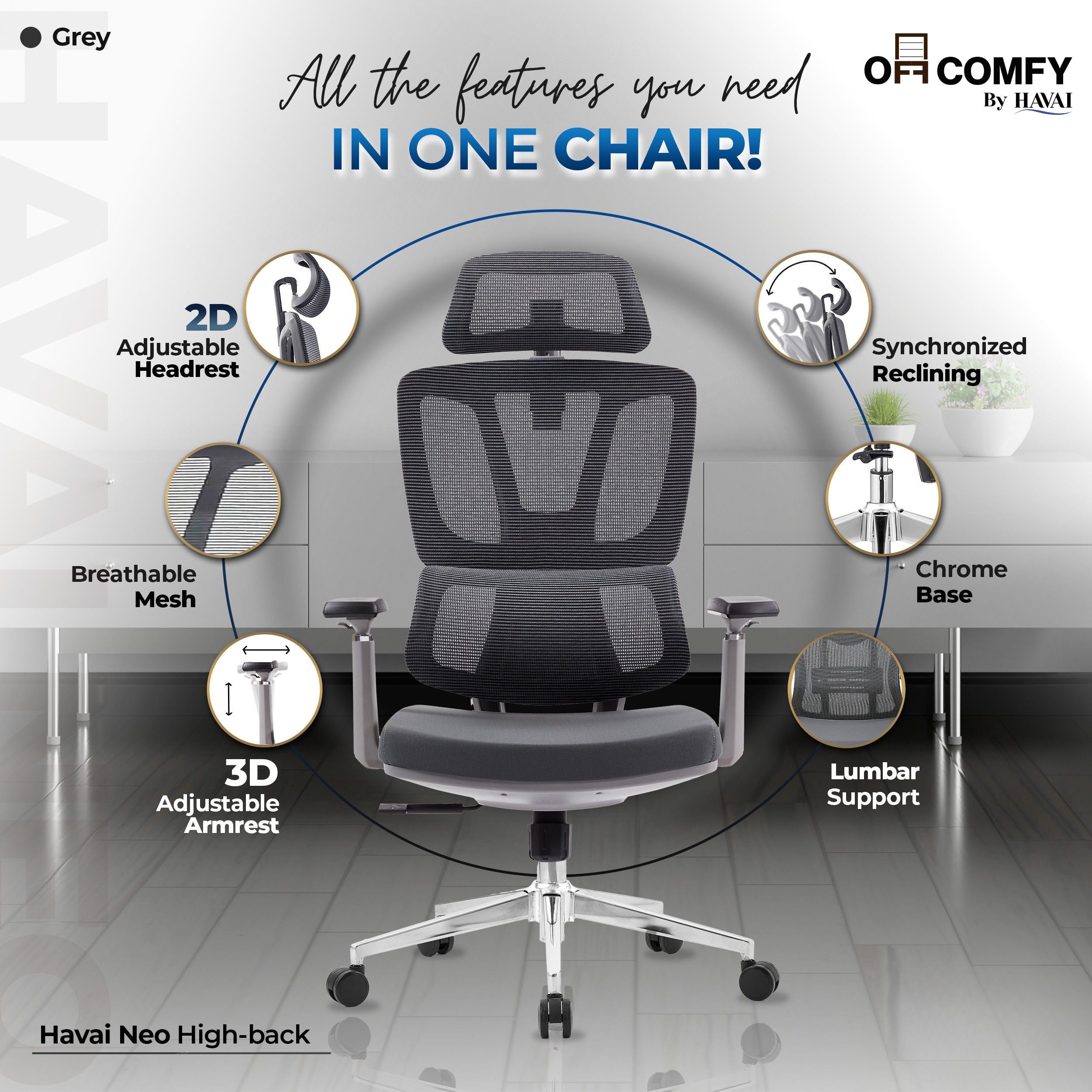 HAVAI Neo High Back Ergonomic Mesh Office Chair | Multi-Lock Mechanism | Chrome Base | 3D Armrests with PU Pads | Adjustable Headrest | Breathable Mesh Back (Grey)