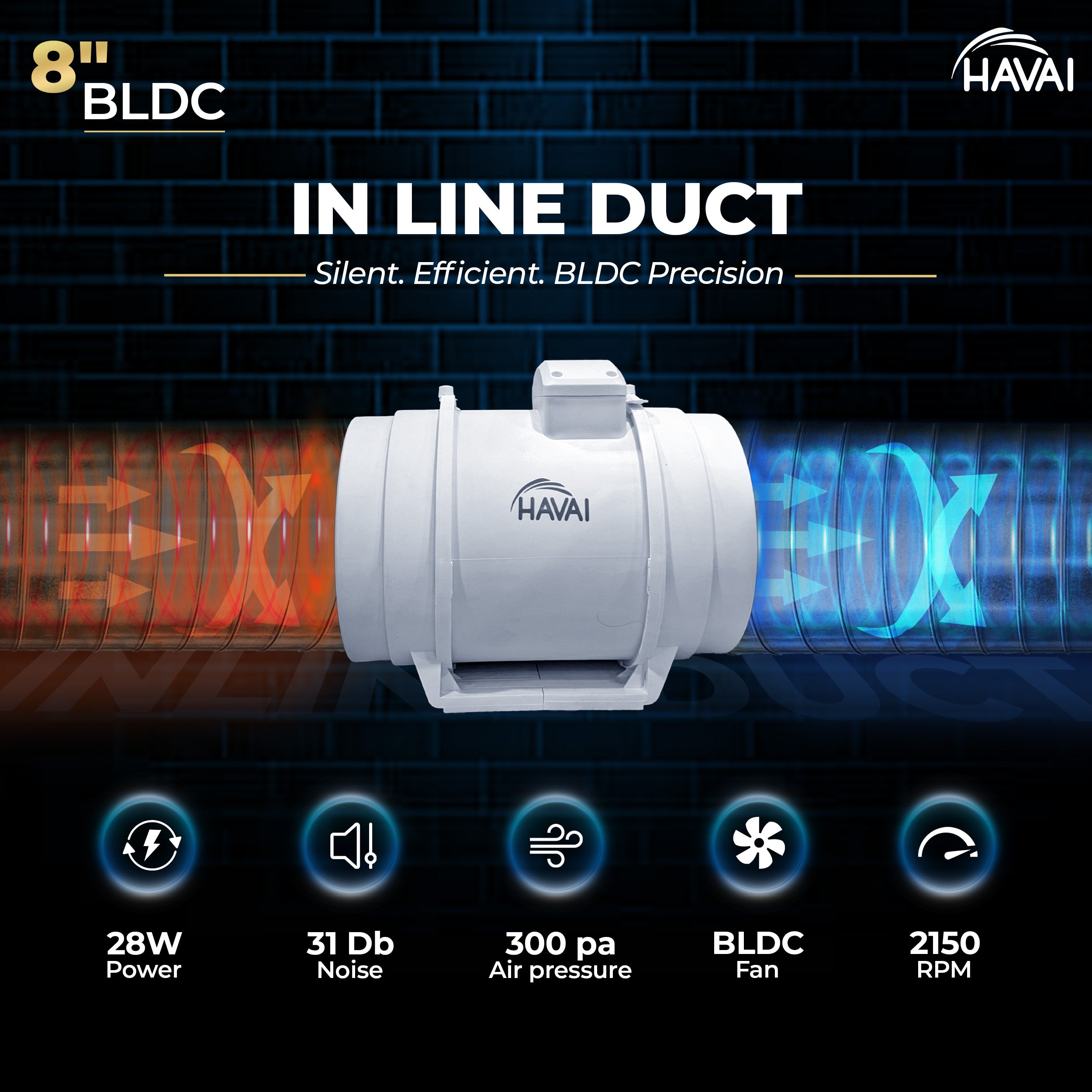 Havai BLDC Inline Duct Fan 8 Inch | 900 CMH Airflow | Energy-Saving 40W Exhaust Fan for Ventilation